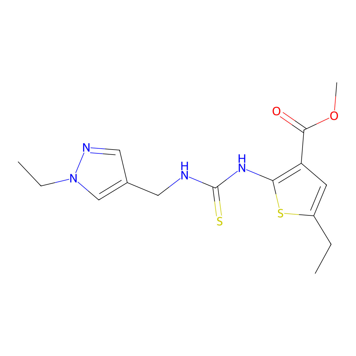 methyl 5-ethyl-2-({[(1-ethyl-1H-pyrazol-4-yl)methyl]carbamothioyl}amino)thiophene-3-carboxylate molecular structure, CAS 588715-37-1