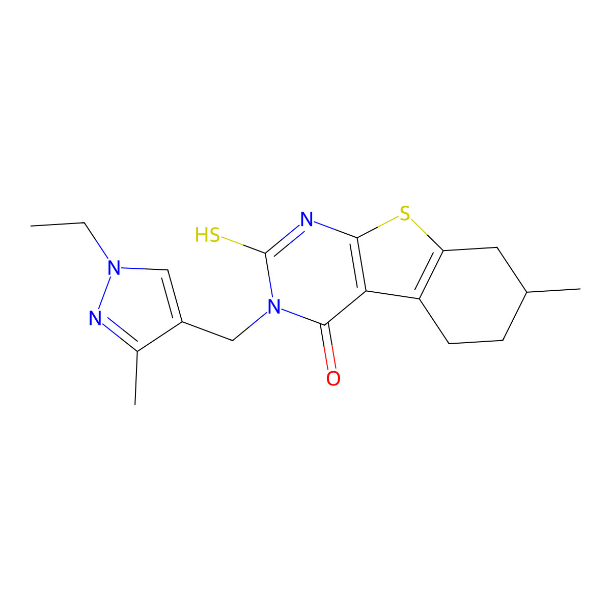 3-[(1-ethyl-3-methyl-1H-pyrazol-4-yl)methyl]-7-methyl-2-sulfanyl-5,6,7,8-tetrahydro[1]benzothieno[2,3-d]pyrimidin-4(3H)-one molecular structure, CAS 588715-50-8