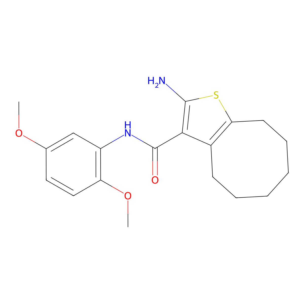 2-amino-N-(2,5-dimethoxyphenyl)-4,5,6,7,8,9-hexahydrocycloocta[b]thiophene-3-carboxamide molecular structure, CAS 588715-65-5