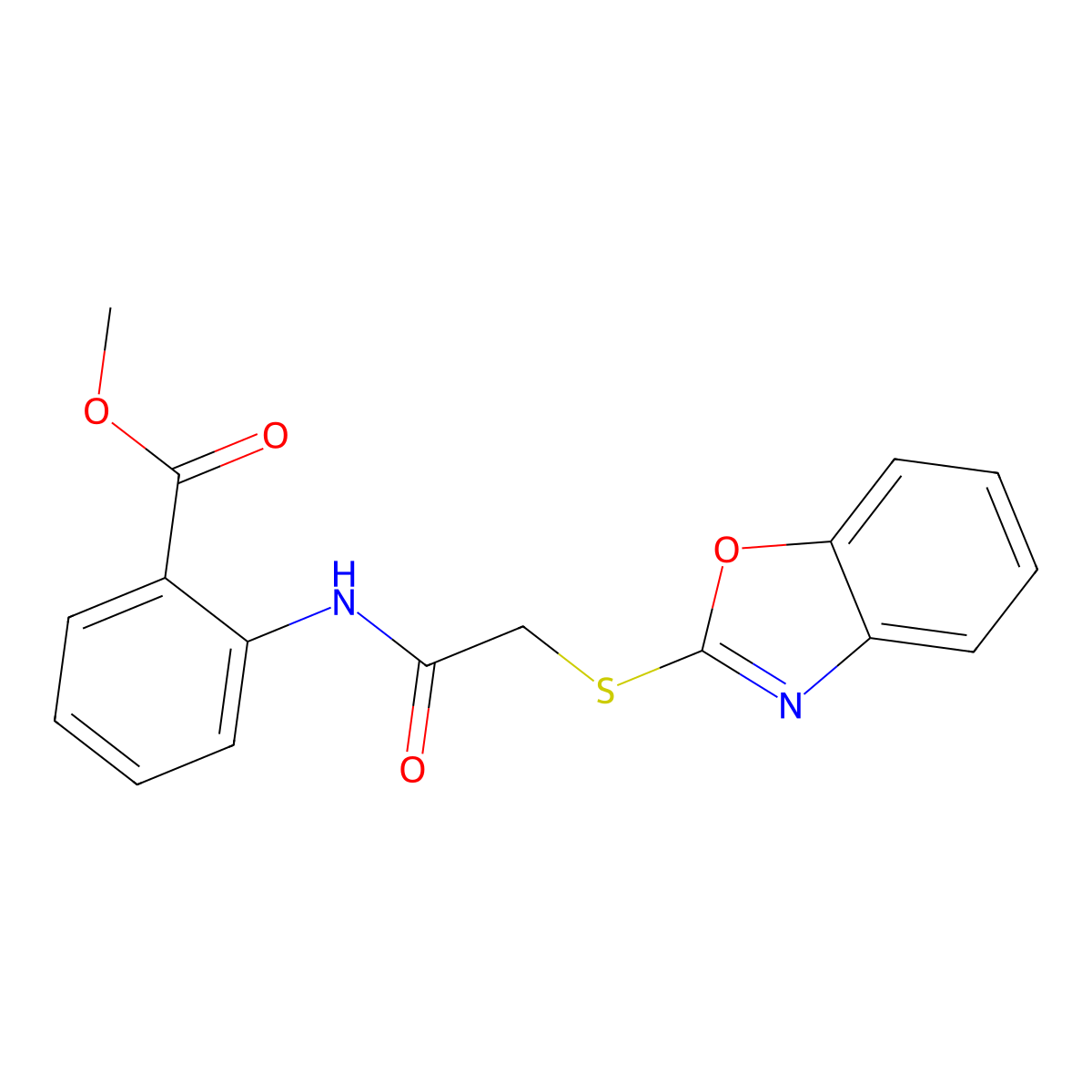 Methyl 2-(2-benzoxazol-2-ylthioacetylamino)benzoate molecular structure, CAS 58915-07-4