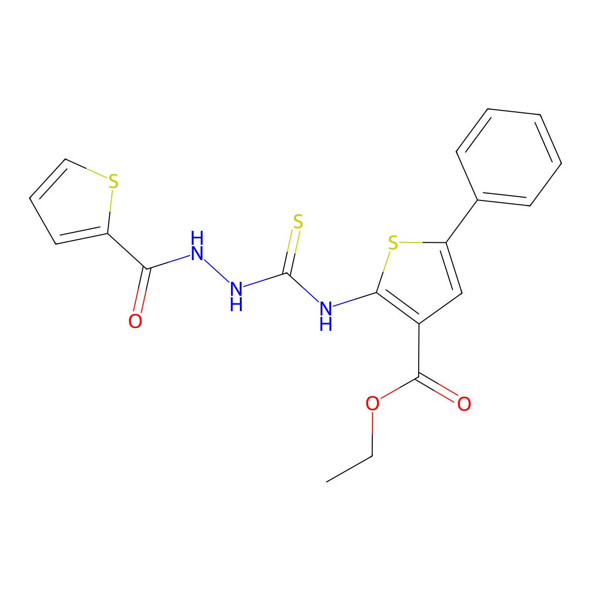 Ethyl 5-phenyl-2-({[2-(thiophen-2-ylcarbonyl)hydrazinyl]carbonothioyl}amino)thiophene-3-carboxylate molecular structure, CAS 590350-00-8