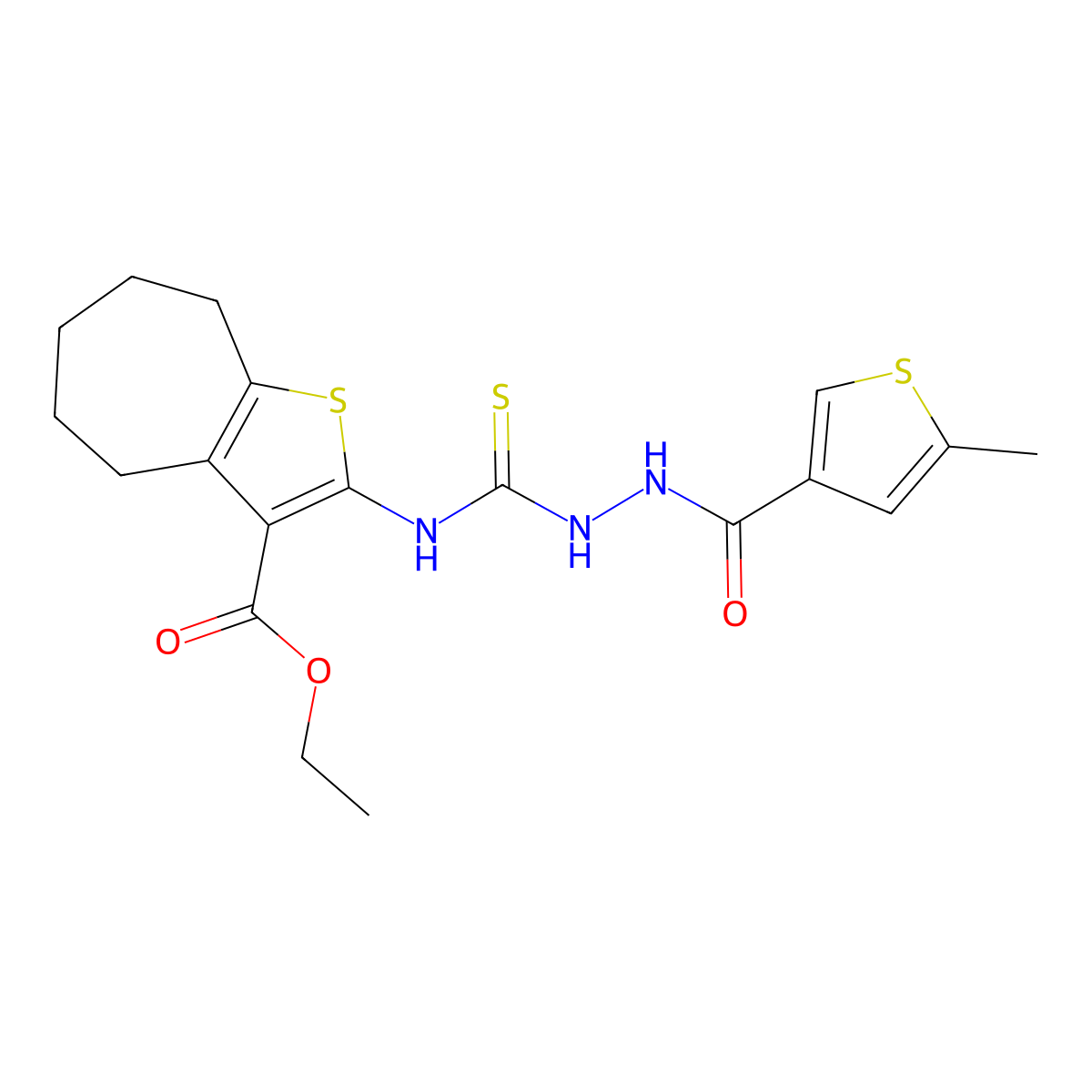 ethyl 2-[({2-[(5-methylthiophen-3-yl)carbonyl]hydrazinyl}carbonothioyl)amino]-5,6,7,8-tetrahydro-4H-cyclohepta[b]thiophene-3-carboxylate molecular structure, CAS 590350-24-6