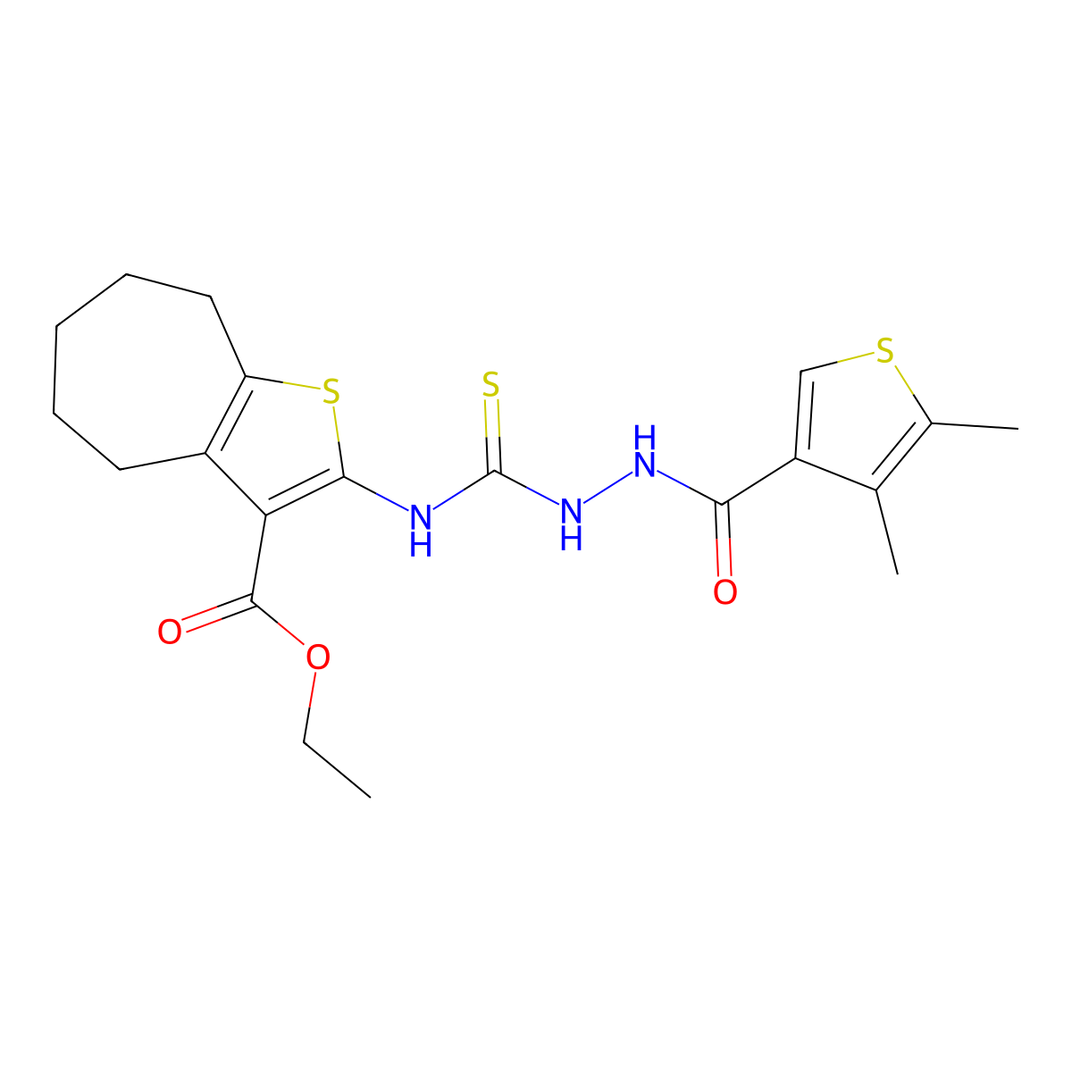 ethyl 2-[({2-[(4,5-dimethylthiophen-3-yl)carbonyl]hydrazinyl}carbonothioyl)amino]-5,6,7,8-tetrahydro-4H-cyclohepta[b]thiophene-3-carboxylate molecular structure, CAS 590350-25-7
