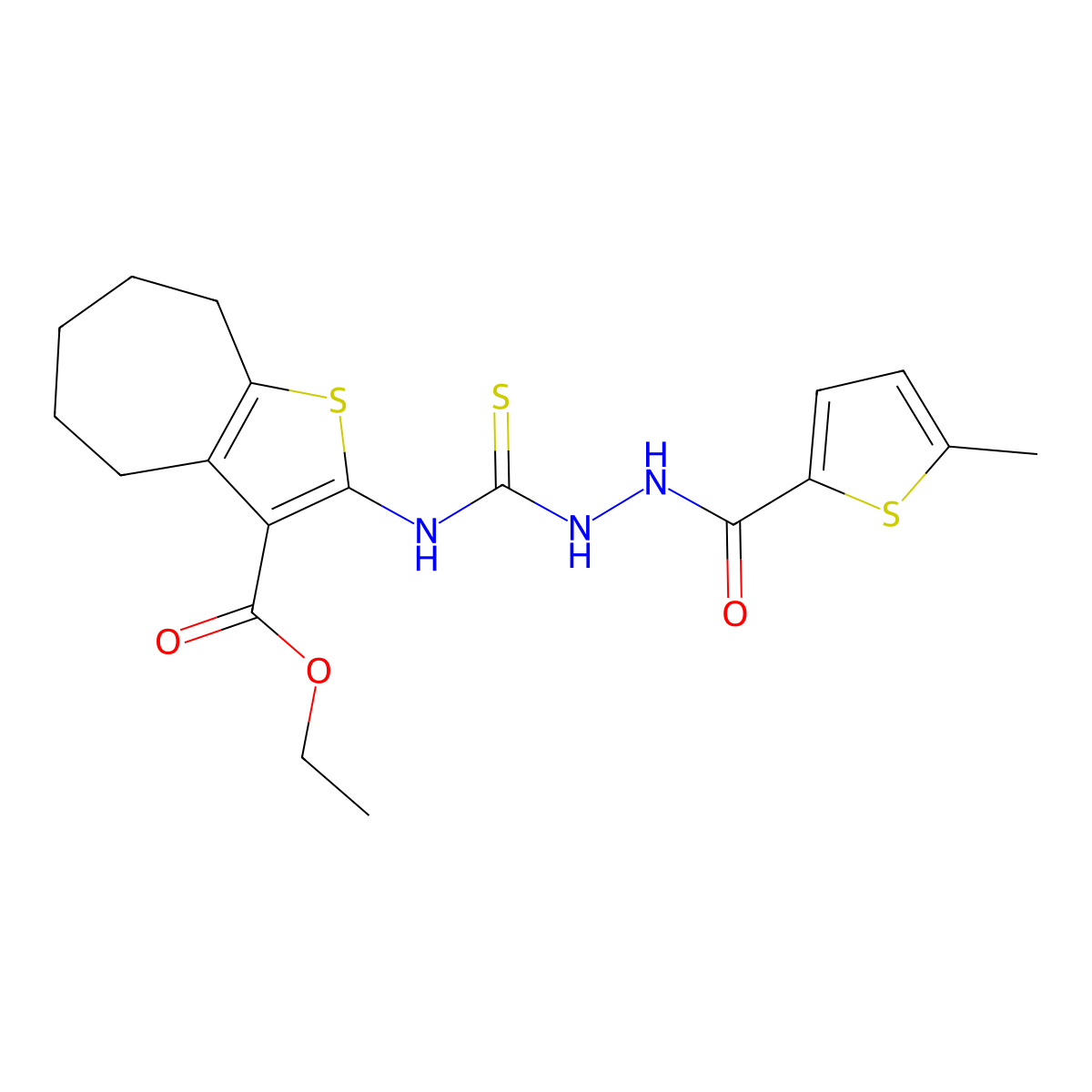 ethyl 2-[({2-[(5-methylthiophen-2-yl)carbonyl]hydrazinyl}carbonothioyl)amino]-5,6,7,8-tetrahydro-4H-cyclohepta[b]thiophene-3-carboxylate molecular structure, CAS 590350-28-0