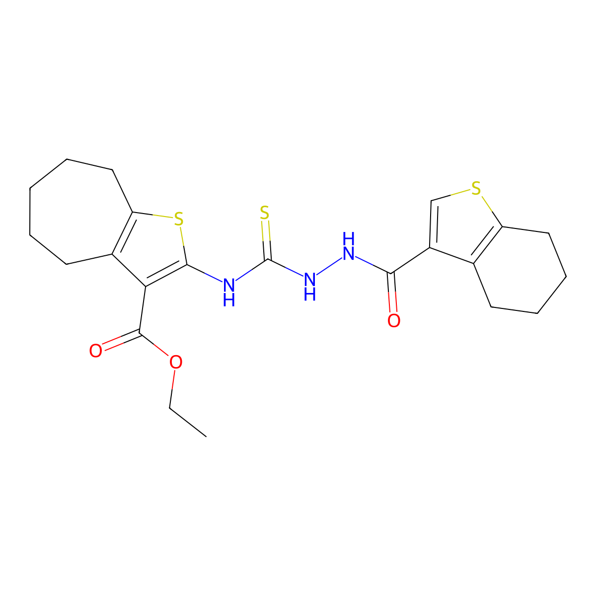 ethyl 2-({[2-(4,5,6,7-tetrahydro-1-benzothiophen-3-ylcarbonyl)hydrazinyl]carbonothioyl}amino)-5,6,7,8-tetrahydro-4H-cyclohepta[b]thiophene-3-carboxylate molecular structure, CAS 590350-38-2
