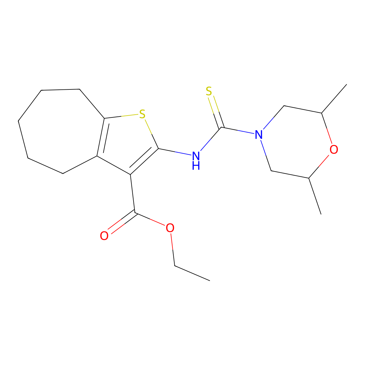 ethyl 2-{[(2,6-dimethylmorpholin-4-yl)carbonothioyl]amino}-5,6,7,8-tetrahydro-4H-cyclohepta[b]thiophene-3-carboxylate molecular structure, CAS 590350-39-3