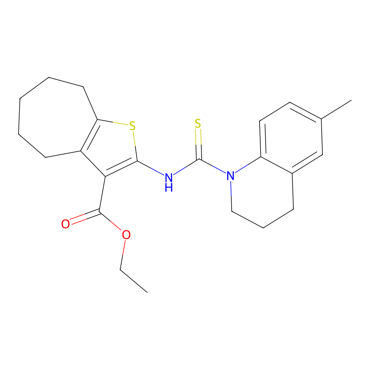 ethyl 2-{[(6-methyl-3,4-dihydroquinolin-1(2H)-yl)carbonothioyl]amino}-5,6,7,8-tetrahydro-4H-cyclohepta[b]thiophene-3-carboxylate molecular structure, CAS 590350-44-0