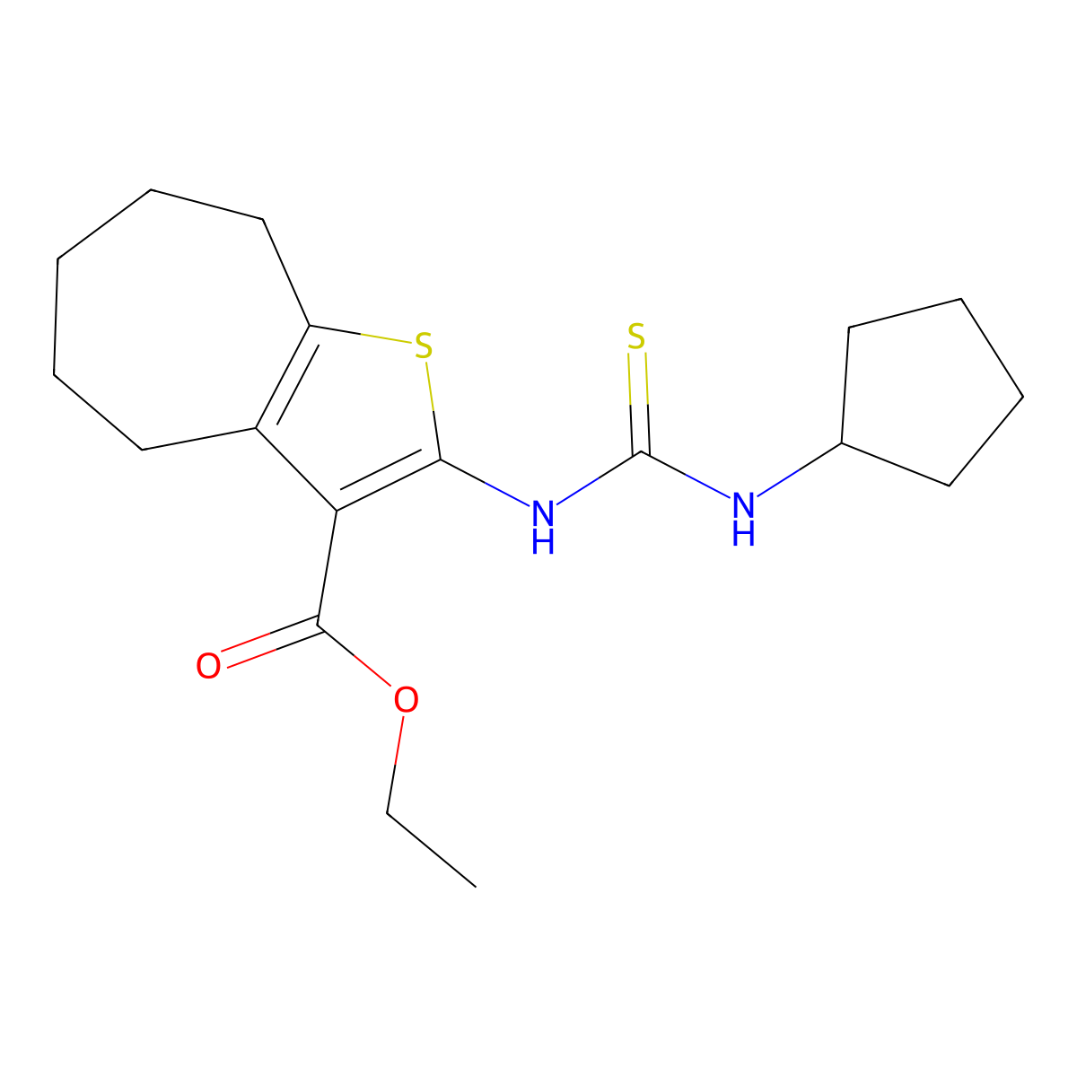 ethyl 2-[(cyclopentylcarbamothioyl)amino]-5,6,7,8-tetrahydro-4H-cyclohepta[b]thiophene-3-carboxylate molecular structure, CAS 590350-47-3
