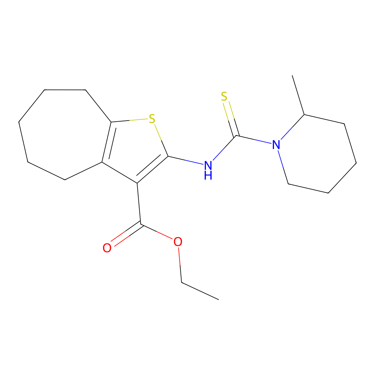 ethyl 2-{[(2-methylpiperidin-1-yl)carbonothioyl]amino}-5,6,7,8-tetrahydro-4H-cyclohepta[b]thiophene-3-carboxylate molecular structure, CAS 590350-54-2