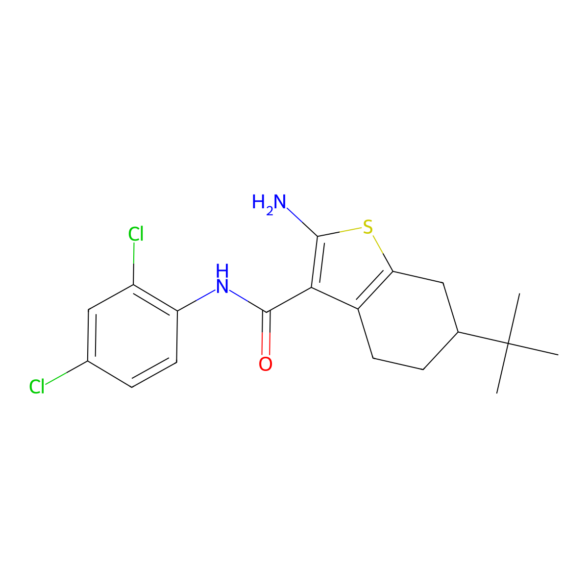 2-amino-6-tert-butyl-N-(2,4-dichlorophenyl)-4,5,6,7-tetrahydro-1-benzothiophene-3-carboxamide molecular structure, CAS 590350-63-3