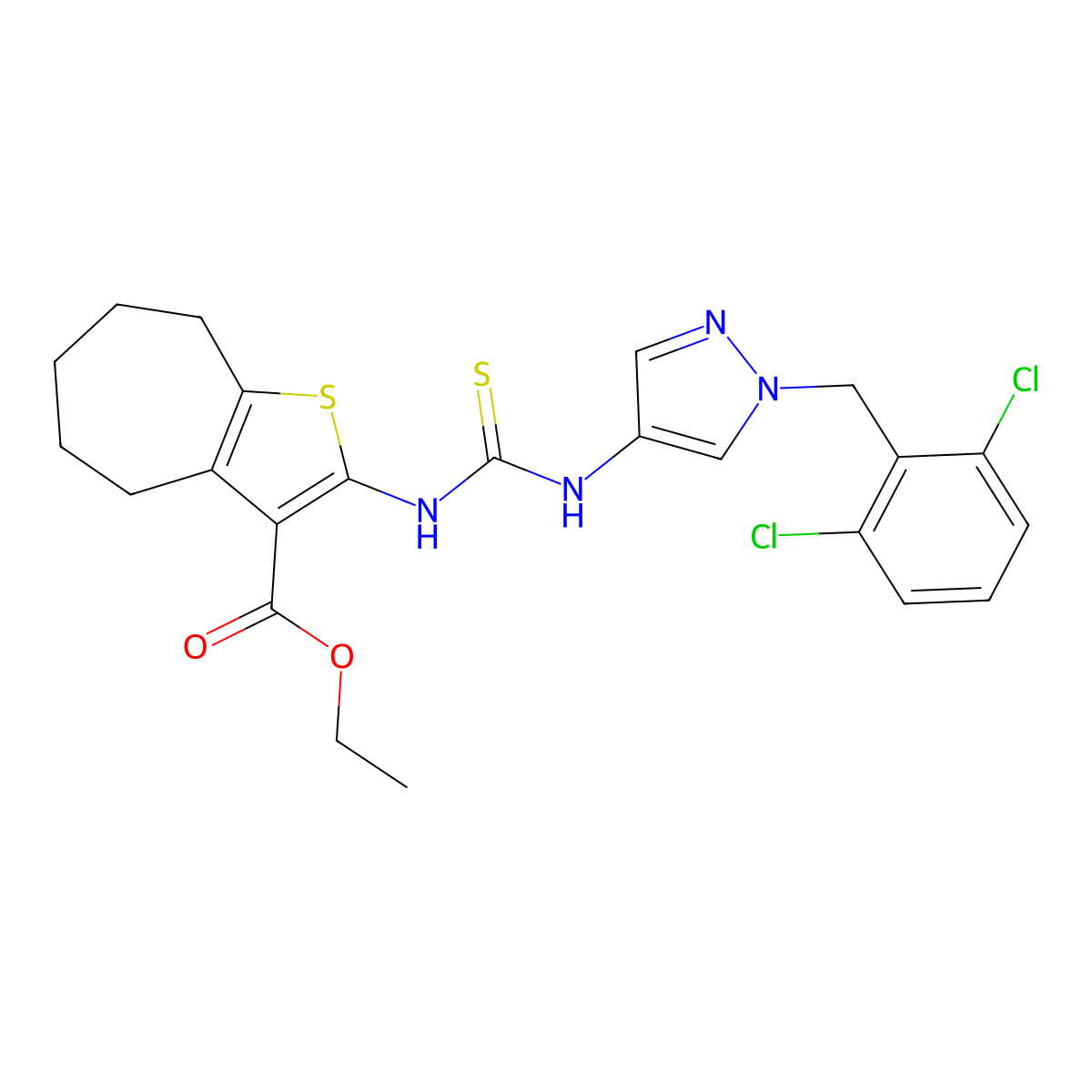 ethyl 2-({[1-(2,6-dichlorobenzyl)-1H-pyrazol-4-yl]carbamothioyl}amino)-5,6,7,8-tetrahydro-4H-cyclohepta[b]thiophene-3-carboxylate molecular structure, CAS 590350-78-0