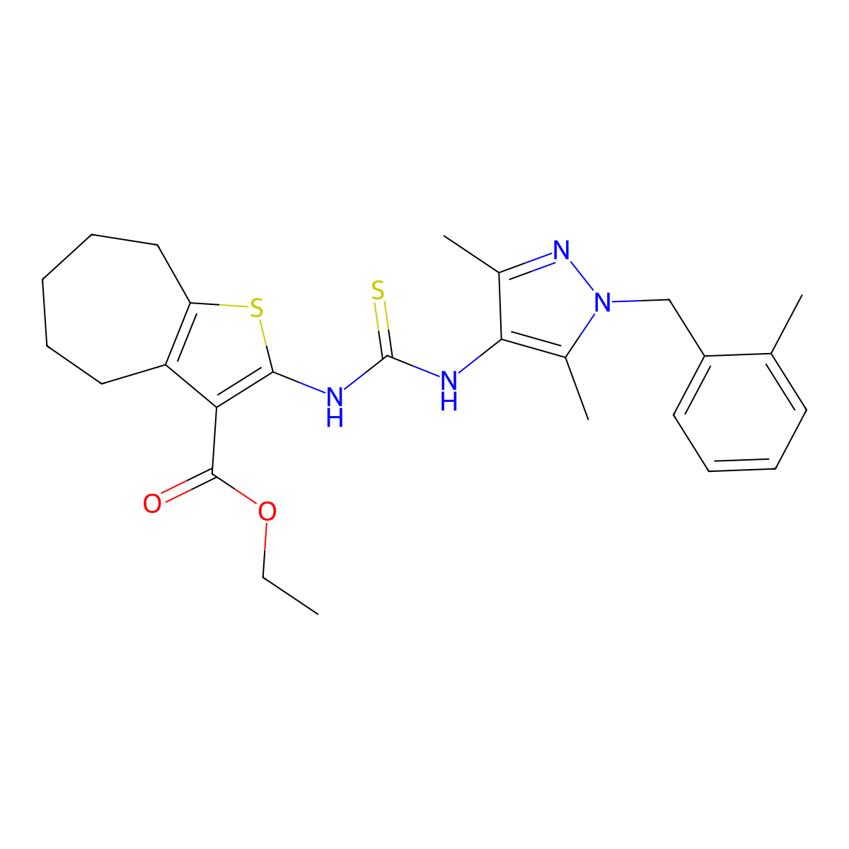 ethyl 2-({[3,5-dimethyl-1-(2-methylbenzyl)-1H-pyrazol-4-yl]carbamothioyl}amino)-5,6,7,8-tetrahydro-4H-cyclohepta[b]thiophene-3-carboxylate molecular structure, CAS 590350-81-5