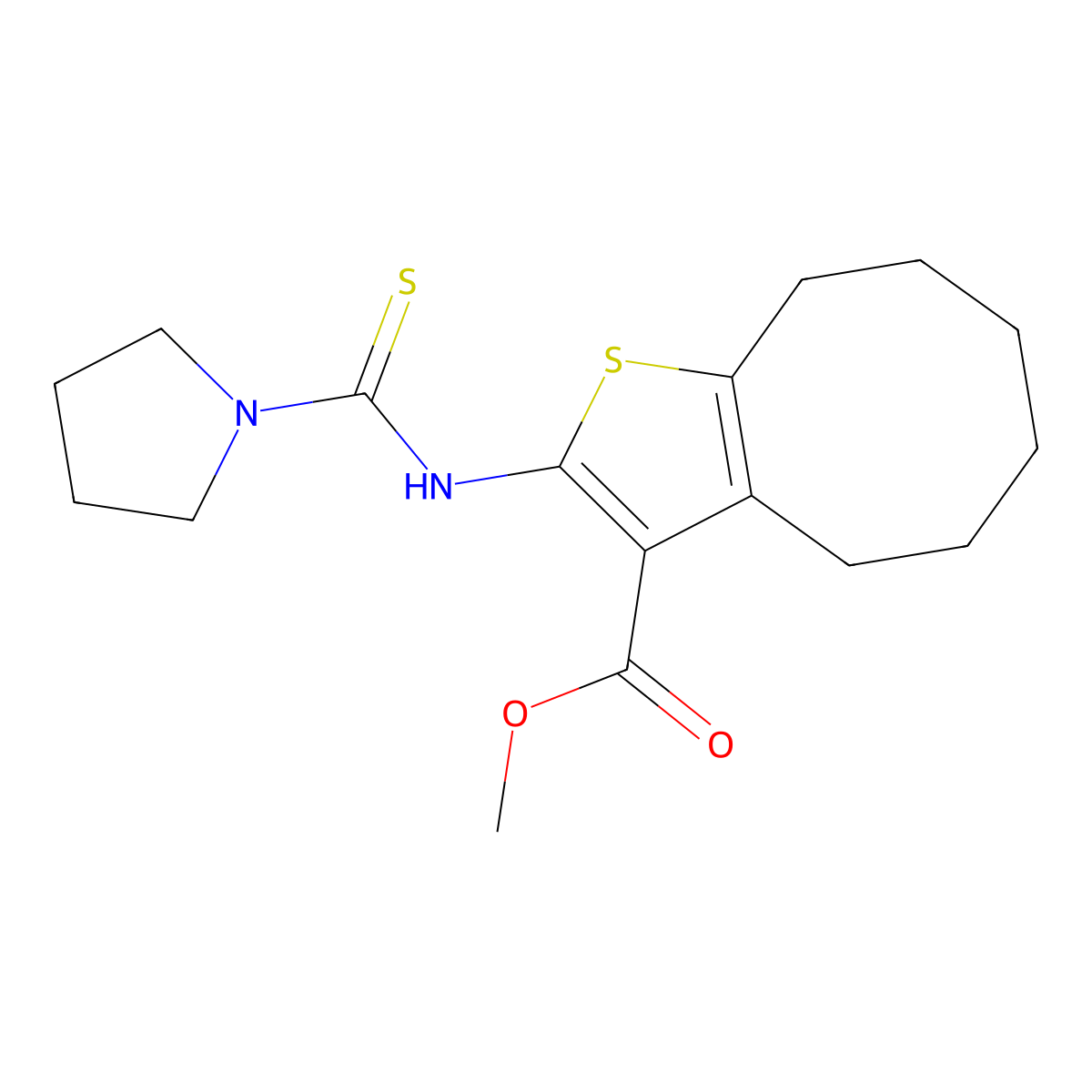Methyl 2-[(pyrrolidin-1-ylcarbonothioyl)amino]-4,5,6,7,8,9-hexahydrocycloocta[b]thiophene-3-carboxylate molecular structure, CAS 590350-96-2