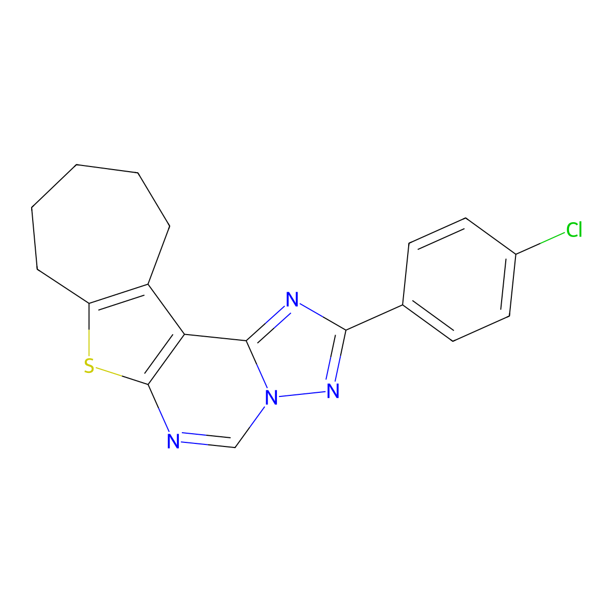 2-(4-chlorophenyl)-9,10,11,12-tetrahydro-8H-cyclohepta[4,5]thieno[3,2-e][1,2,4]triazolo[1,5-c]pyrimidine molecular structure, CAS 590350-97-3