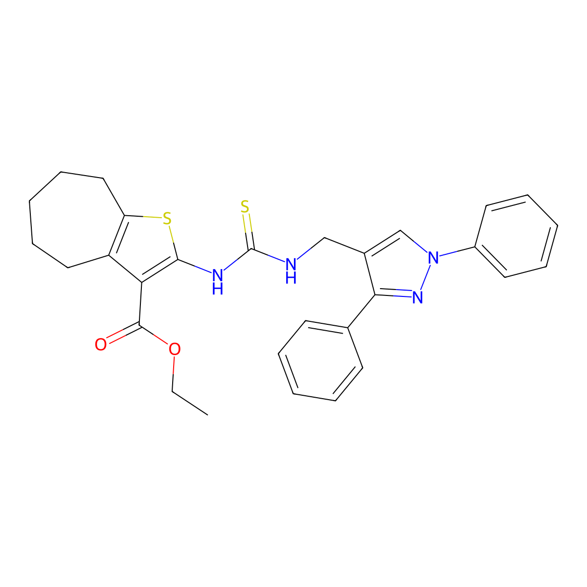 ethyl 2-({[(1,3-diphenyl-1H-pyrazol-4-yl)methyl]carbamothioyl}amino)-5,6,7,8-tetrahydro-4H-cyclohepta[b]thiophene-3-carboxylate molecular structure, CAS 590350-99-5