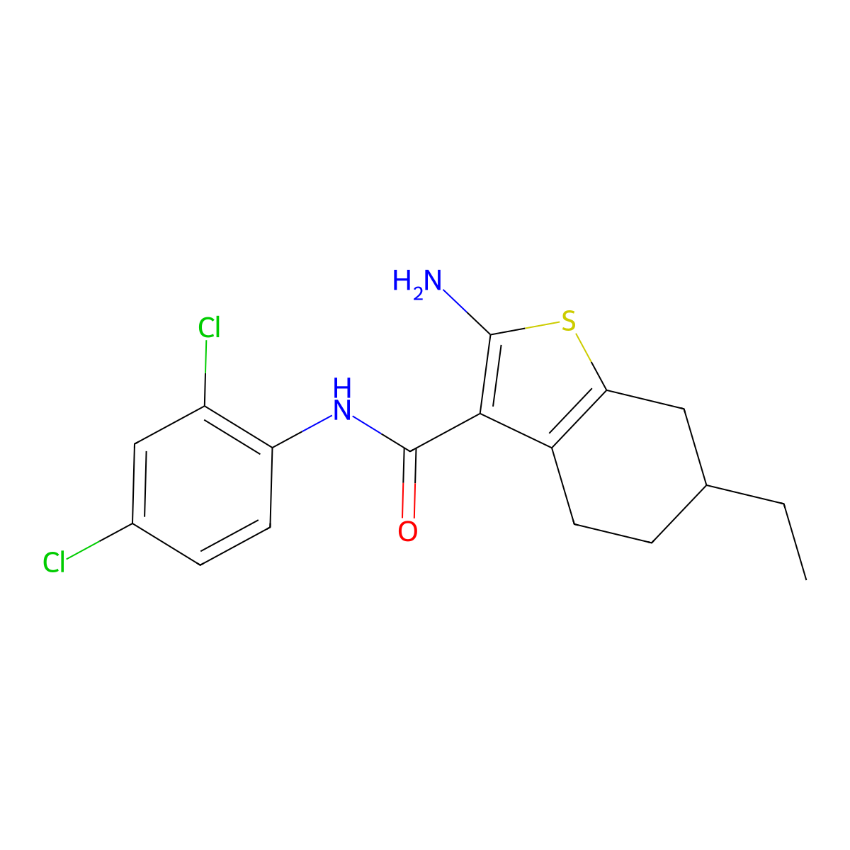 2-amino-N-(2,4-dichlorophenyl)-6-ethyl-4,5,6,7-tetrahydro-1-benzothiophene-3-carboxamide molecular structure, CAS 590351-13-6