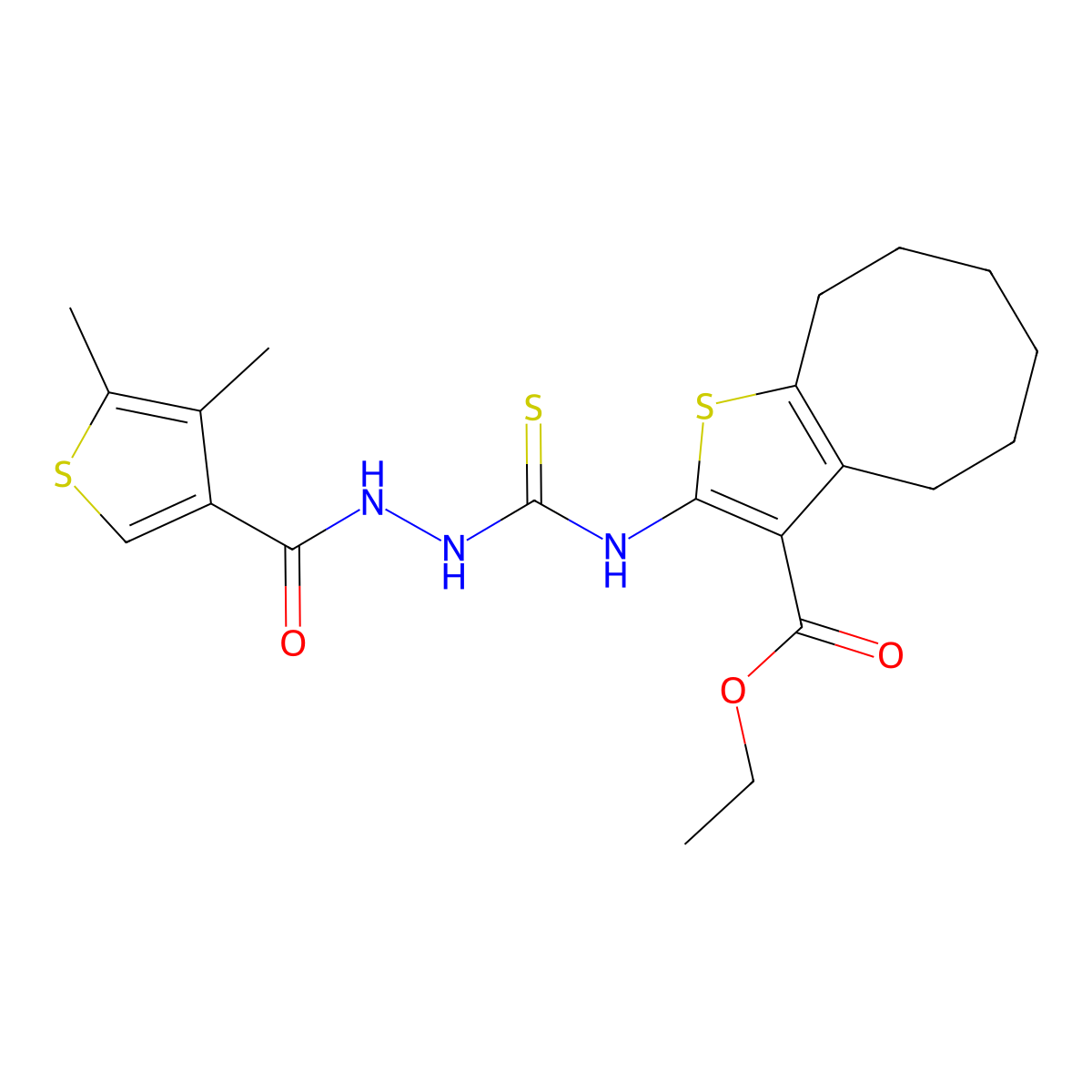 Ethyl 2-[({2-[(4,5-dimethylthiophen-3-yl)carbonyl]hydrazinyl}carbonothioyl)amino]-4,5,6,7,8,9-hexahydrocycloocta[b]thiophene-3-carboxylate molecular structure, CAS 590351-21-6