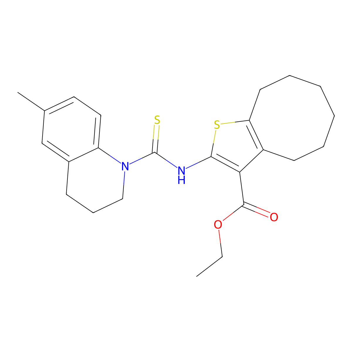 ethyl 2-{[(6-methyl-3,4-dihydroquinolin-1(2H)-yl)carbonothioyl]amino}-4,5,6,7,8,9-hexahydrocycloocta[b]thiophene-3-carboxylate molecular structure, CAS 590351-30-7