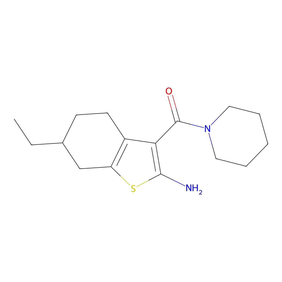 6-Ethyl-3-(piperidin-1-ylcarbonyl)-4,5,6,7-tetrahydro-1-benzothien-2-ylamine molecular structure, CAS 590351-61-4