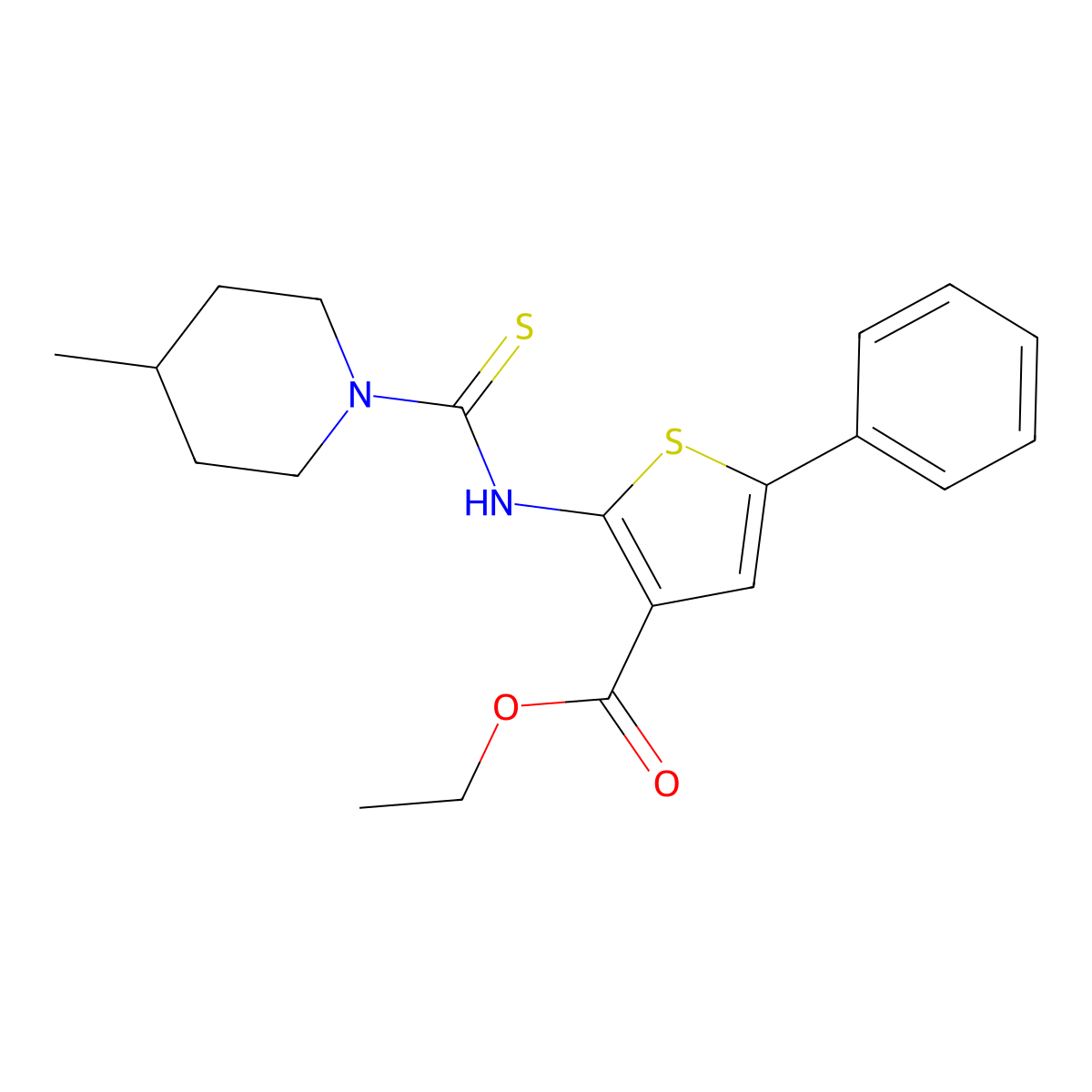 Ethyl 2-{[(4-methylpiperidin-1-yl)carbonothioyl]amino}-5-phenylthiophene-3-carboxylate molecular structure, CAS 590351-73-8