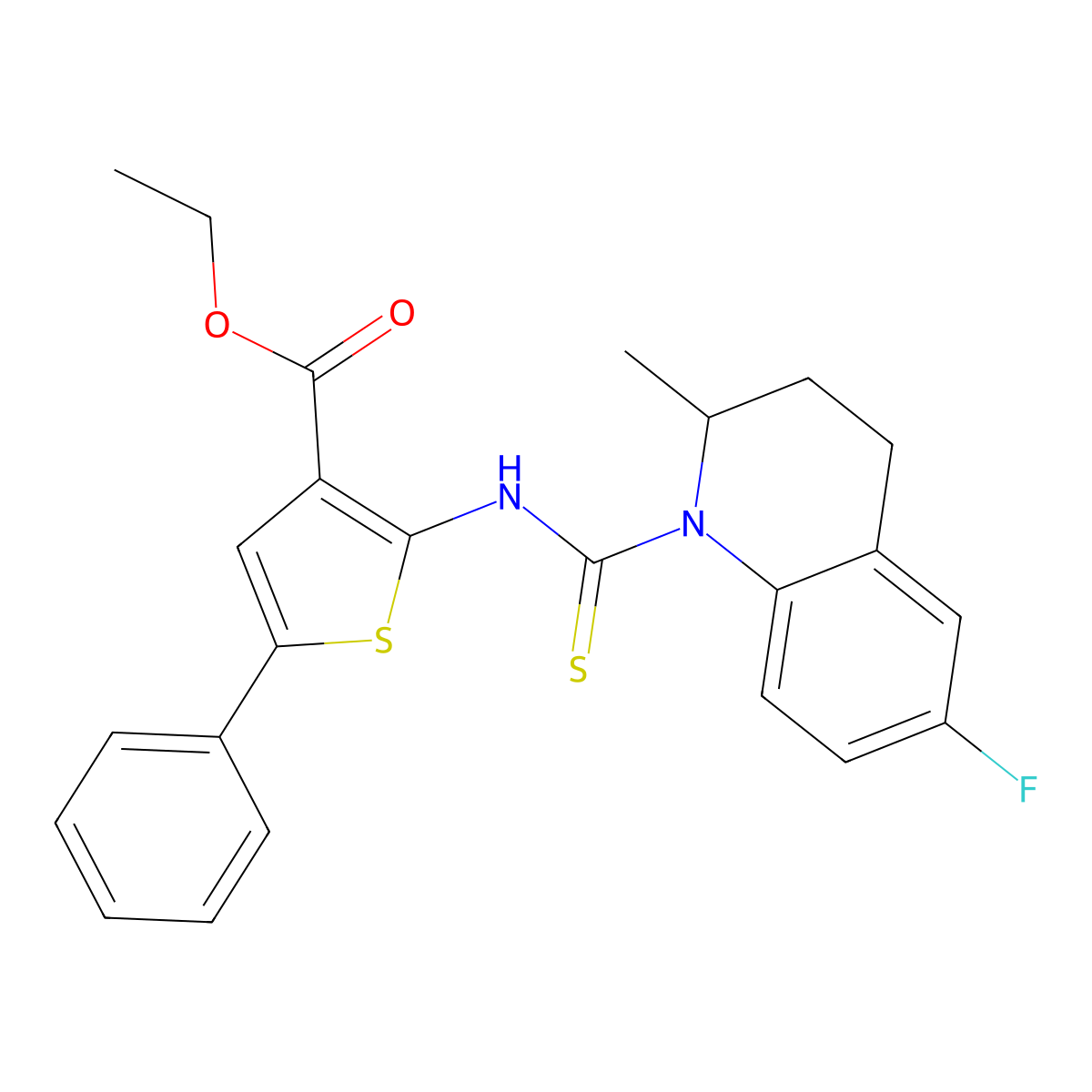 ethyl 2-{[(6-fluoro-2-methyl-3,4-dihydroquinolin-1(2H)-yl)carbonothioyl]amino}-5-phenylthiophene-3-carboxylate molecular structure, CAS 590351-88-5