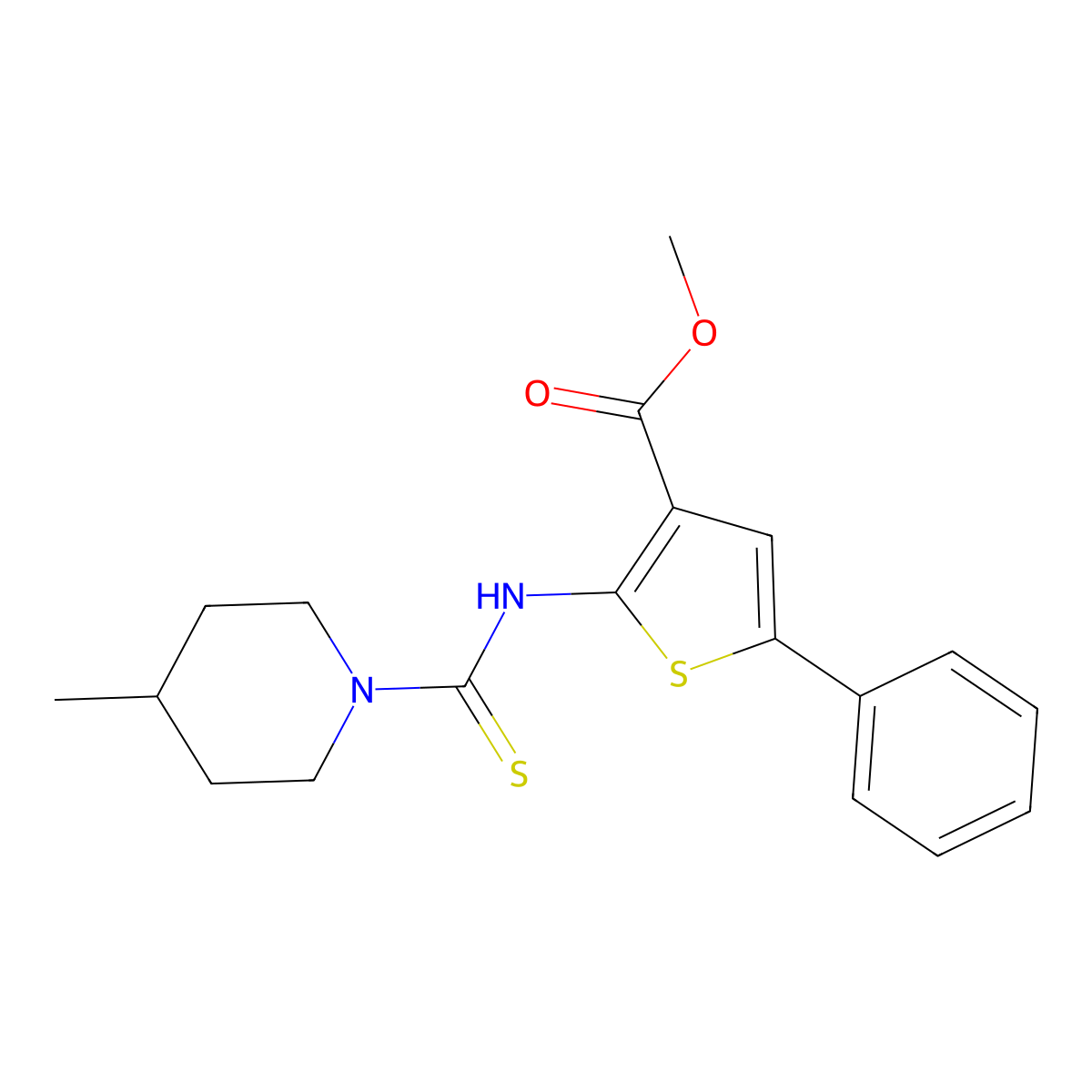 Methyl 2-{[(4-methylpiperidin-1-yl)carbonothioyl]amino}-5-phenylthiophene-3-carboxylate molecular structure, CAS 590351-89-6