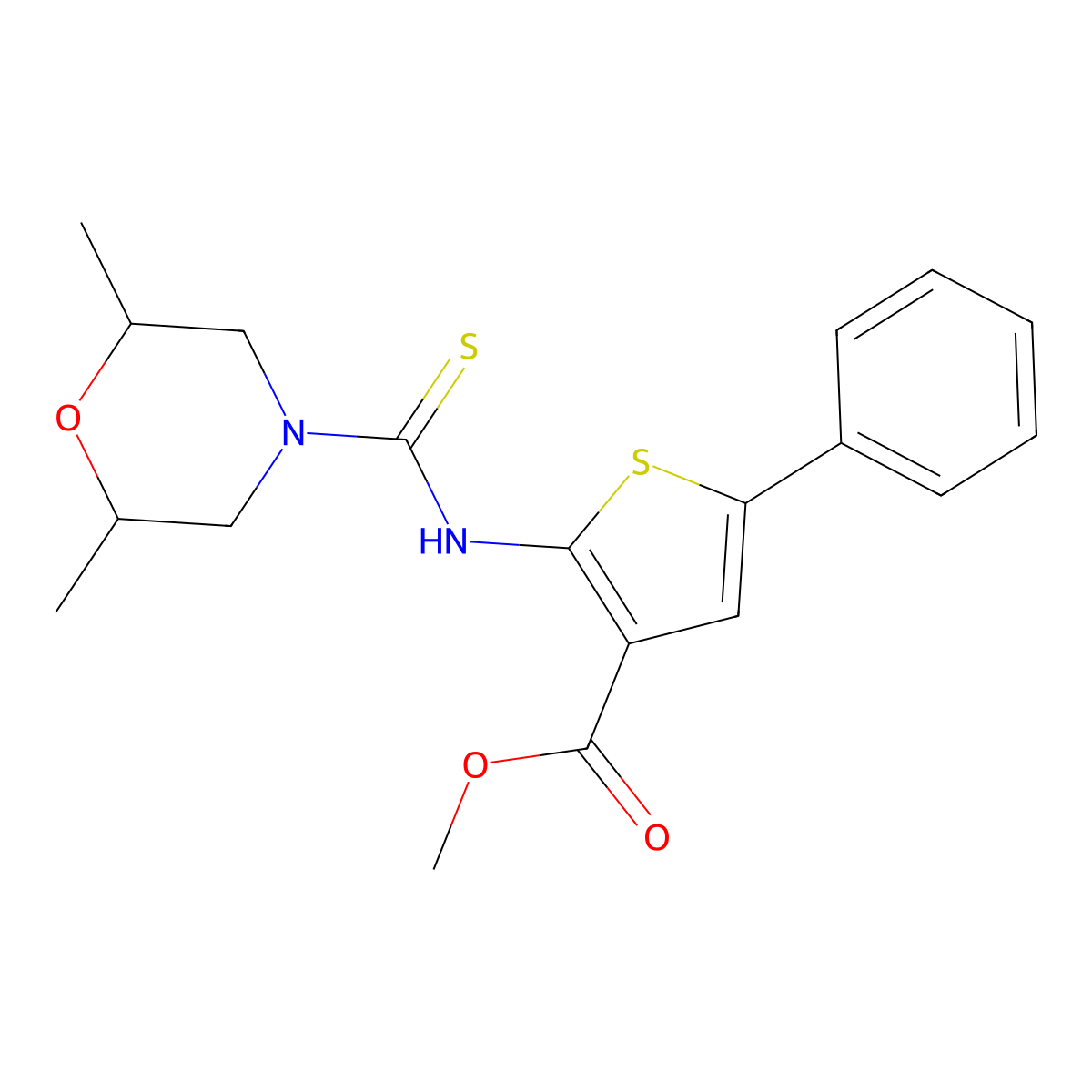 Methyl 2-{[(2,6-dimethylmorpholin-4-yl)carbonothioyl]amino}-5-phenylthiophene-3-carboxylate molecular structure, CAS 590352-02-6