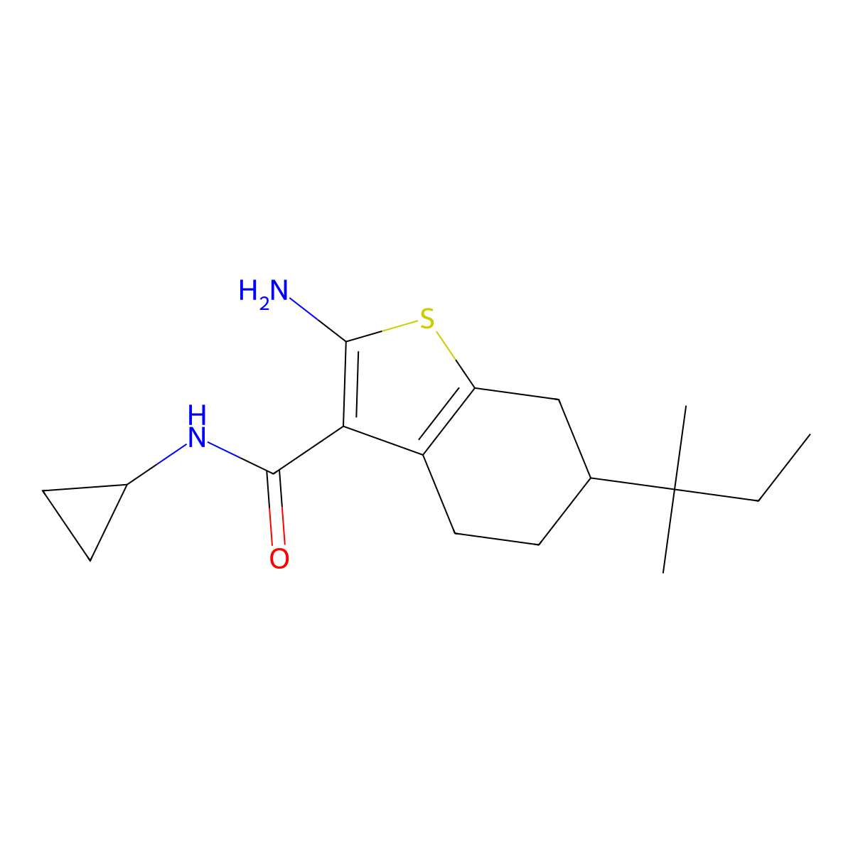 2-amino-N-cyclopropyl-6-(1,1-dimethylpropyl)-4,5,6,7-tetrahydro-1-benzothiophene-3-carboxamide molecular structure, CAS 590352-39-9