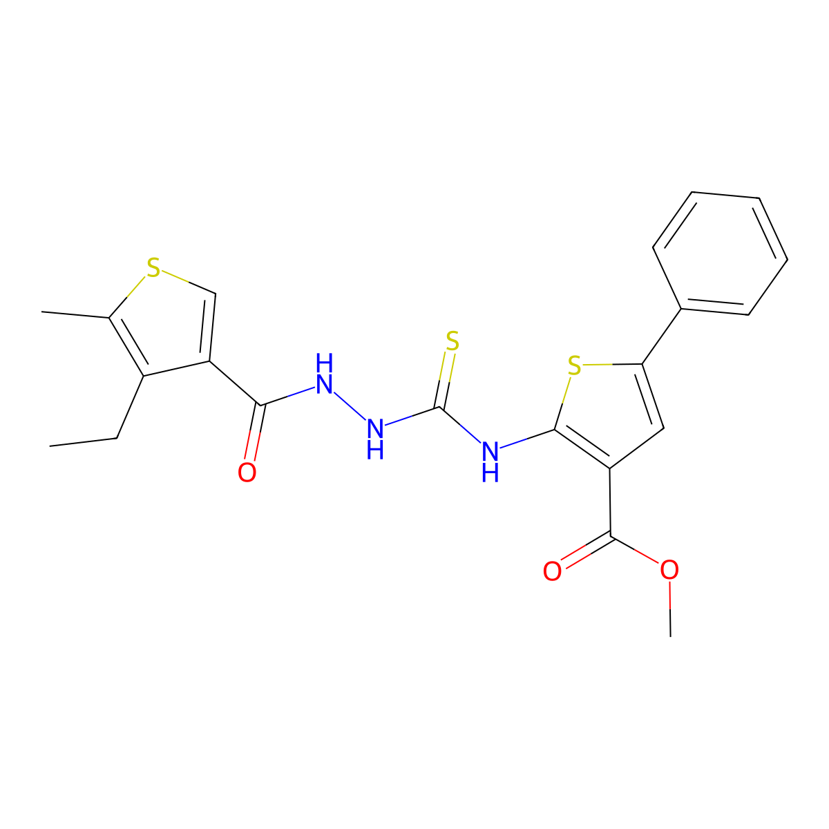 Methyl 2-[({2-[(4-ethyl-5-methylthiophen-3-yl)carbonyl]hydrazinyl}carbonothioyl)amino]-5-phenylthiophene-3-carboxylate molecular structure, CAS 590352-66-2