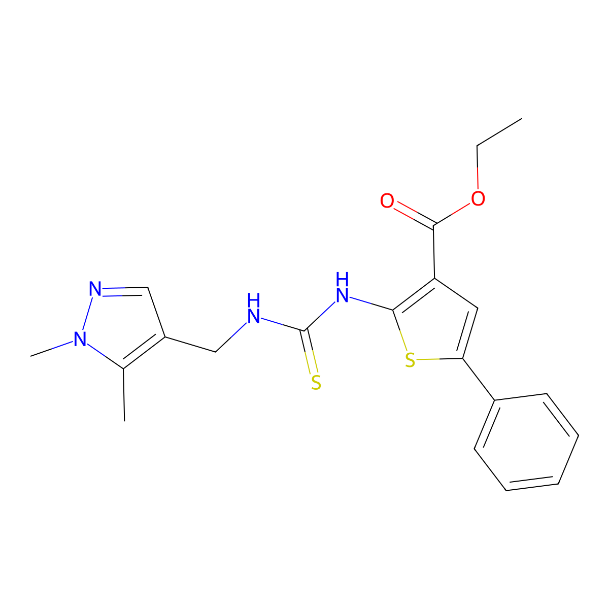 ethyl 2-({[(1,5-dimethyl-1H-pyrazol-4-yl)methyl]carbamothioyl}amino)-5-phenylthiophene-3-carboxylate molecular structure, CAS 590353-35-8
