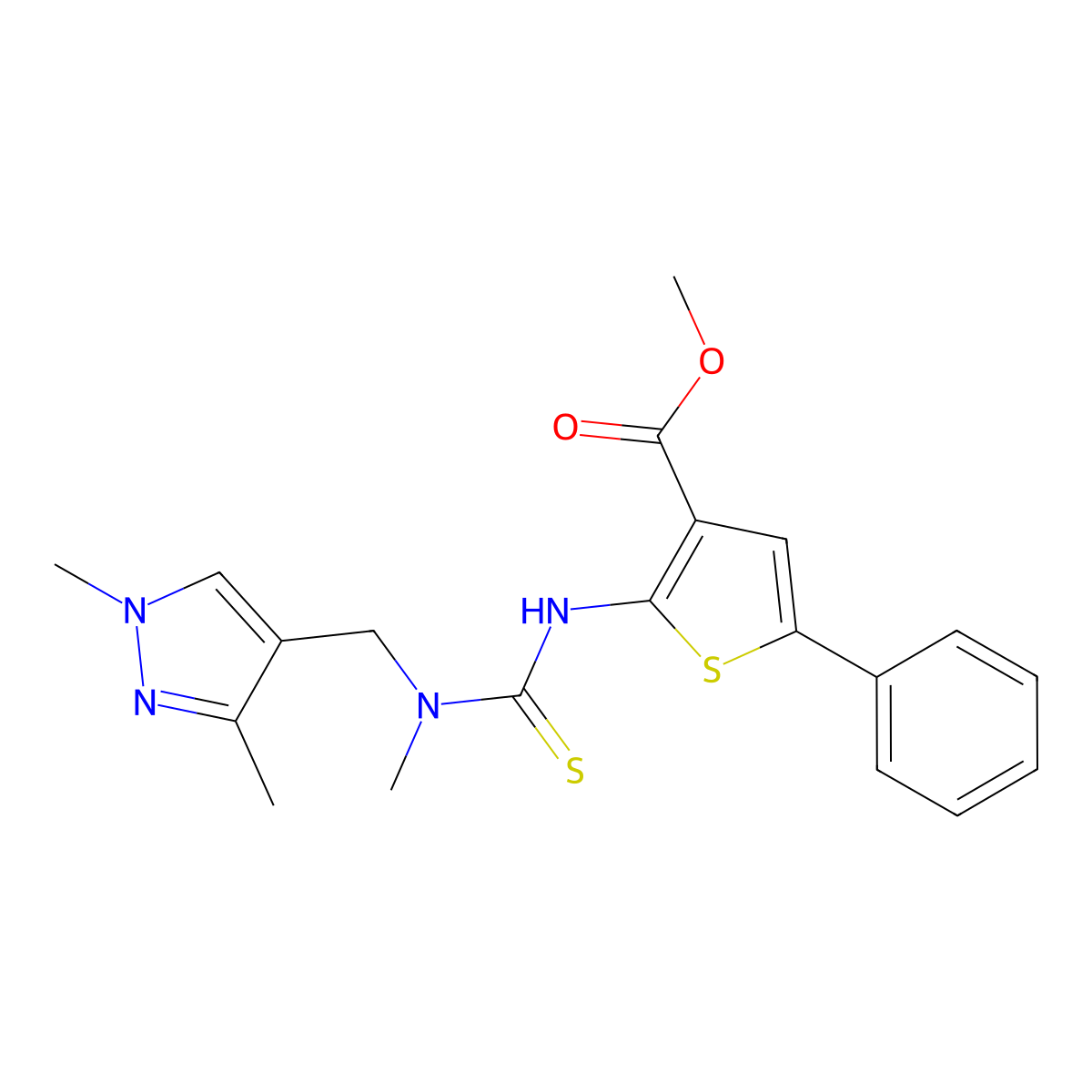 Methyl 2-[({[(1,3-dimethylpyrazol-4-yl)methyl]methylamino}thioxomethyl)amino]-5-phenylthiophene-3-carboxylate molecular structure, CAS 590353-50-7