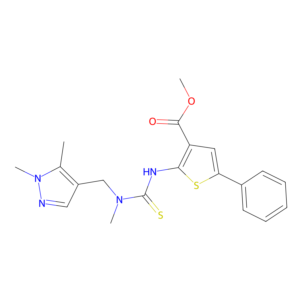 Methyl 2-[({[(1,5-dimethylpyrazol-4-yl)methyl]methylamino}thioxomethyl)amino]-5-phenylthiophene-3-carboxylate molecular structure, CAS 590353-52-9