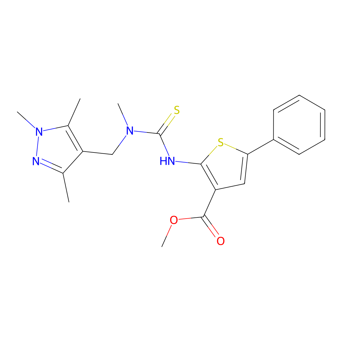 Methyl 2-[[methyl-[(1,3,5-trimethylpyrazol-4-yl)methyl]carbamothioyl]amino]-5-phenylthiophene-3-carboxylate molecular structure, CAS 590353-55-2