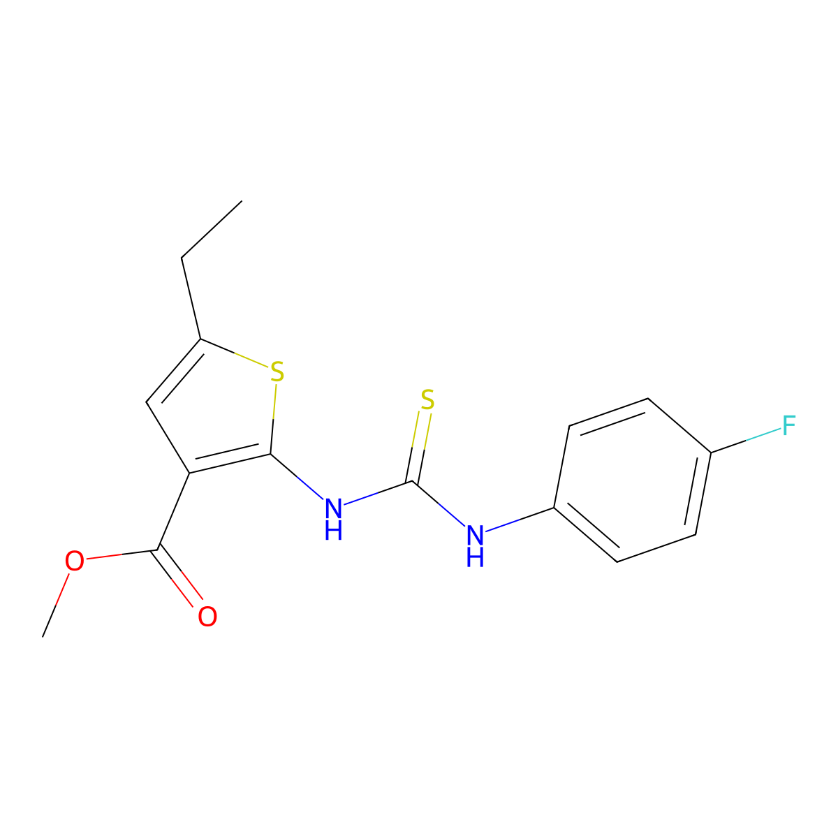 Methyl 5-ethyl-2-{[(4-fluorophenyl)carbamothioyl]amino}thiophene-3-carboxylate molecular structure, CAS 590353-91-6