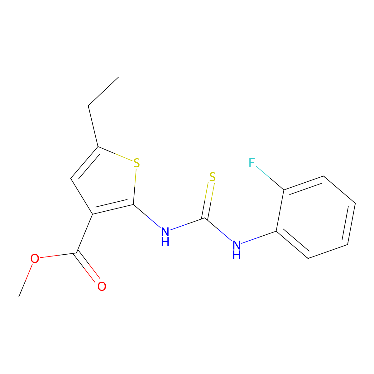 Methyl 5-ethyl-2-{[(2-fluorophenyl)carbamothioyl]amino}thiophene-3-carboxylate molecular structure, CAS 590353-92-7