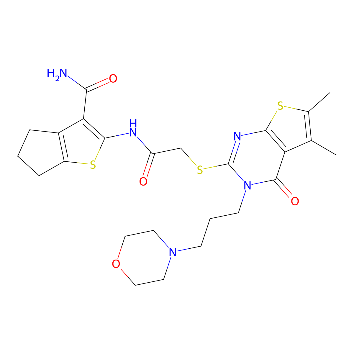 2-[[2-[5,6-dimethyl-3-(3-morpholin-4-ylpropyl)-4-oxothieno[2,3-d]pyrimidin-2-yl]sulfanylacetyl]amino]-5,6-dihydro-4H-cyclopenta[b]thiophene-3-carboxamide molecular structure, CAS 590354-12-4