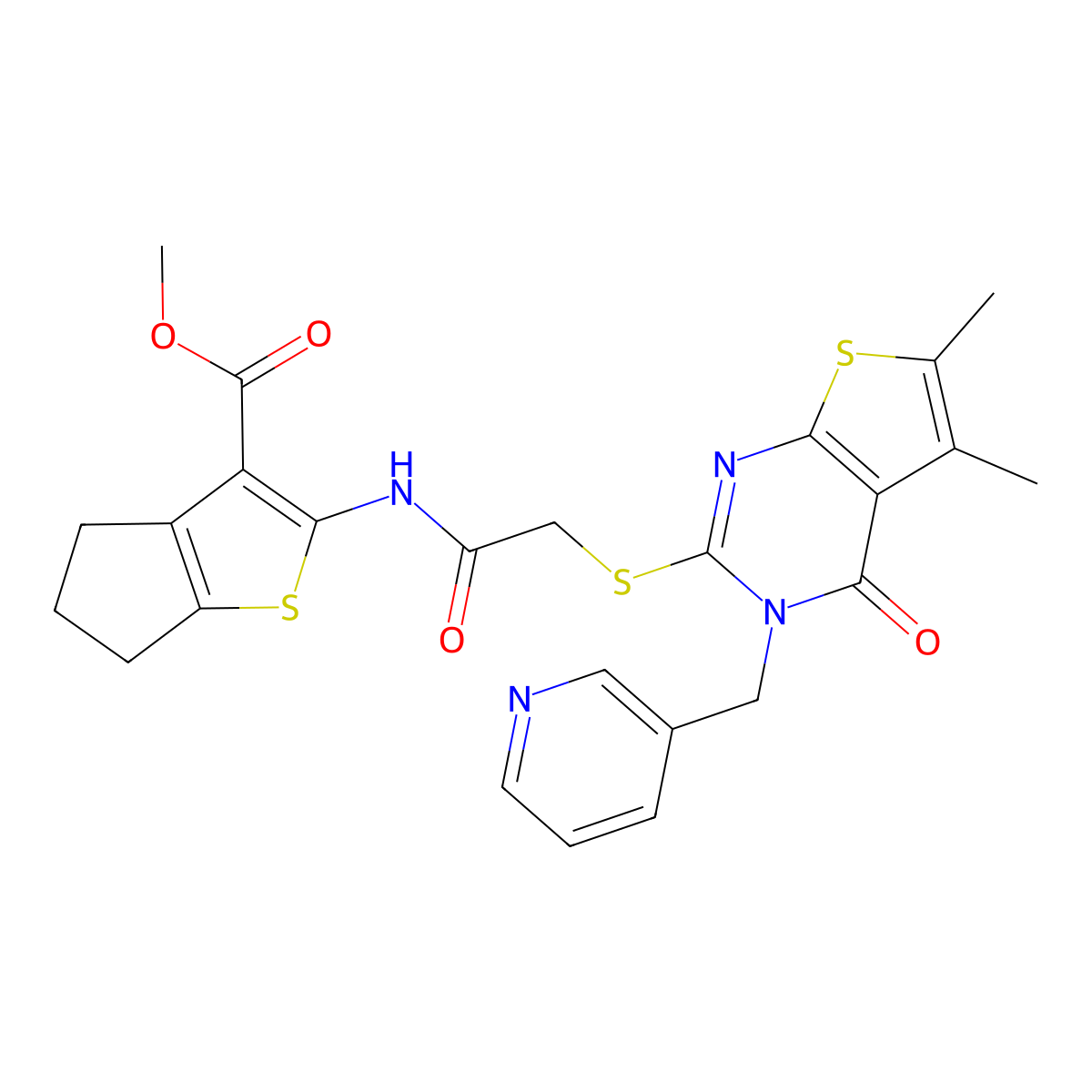 methyl 2-[({[5,6-dimethyl-4-oxo-3-(pyridin-3-ylmethyl)-3,4-dihydrothieno[2,3-d]pyrimidin-2-yl]sulfanyl}acetyl)amino]-5,6-dihydro-4H-cyclopenta[b]thiophene-3-carboxylate molecular structure, CAS 590354-13-5