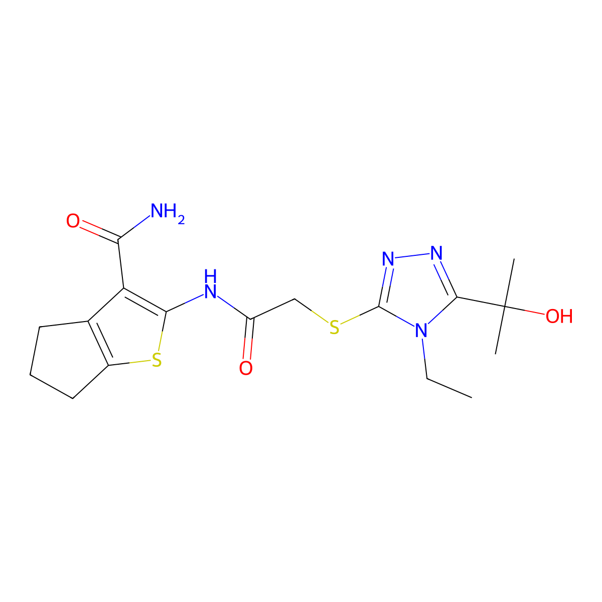 2-[[2-[[4-ethyl-5-(2-hydroxypropan-2-yl)-1,2,4-triazol-3-yl]sulfanyl]acetyl]amino]-5,6-dihydro-4H-cyclopenta[b]thiophene-3-carboxamide molecular structure, CAS 590354-21-5