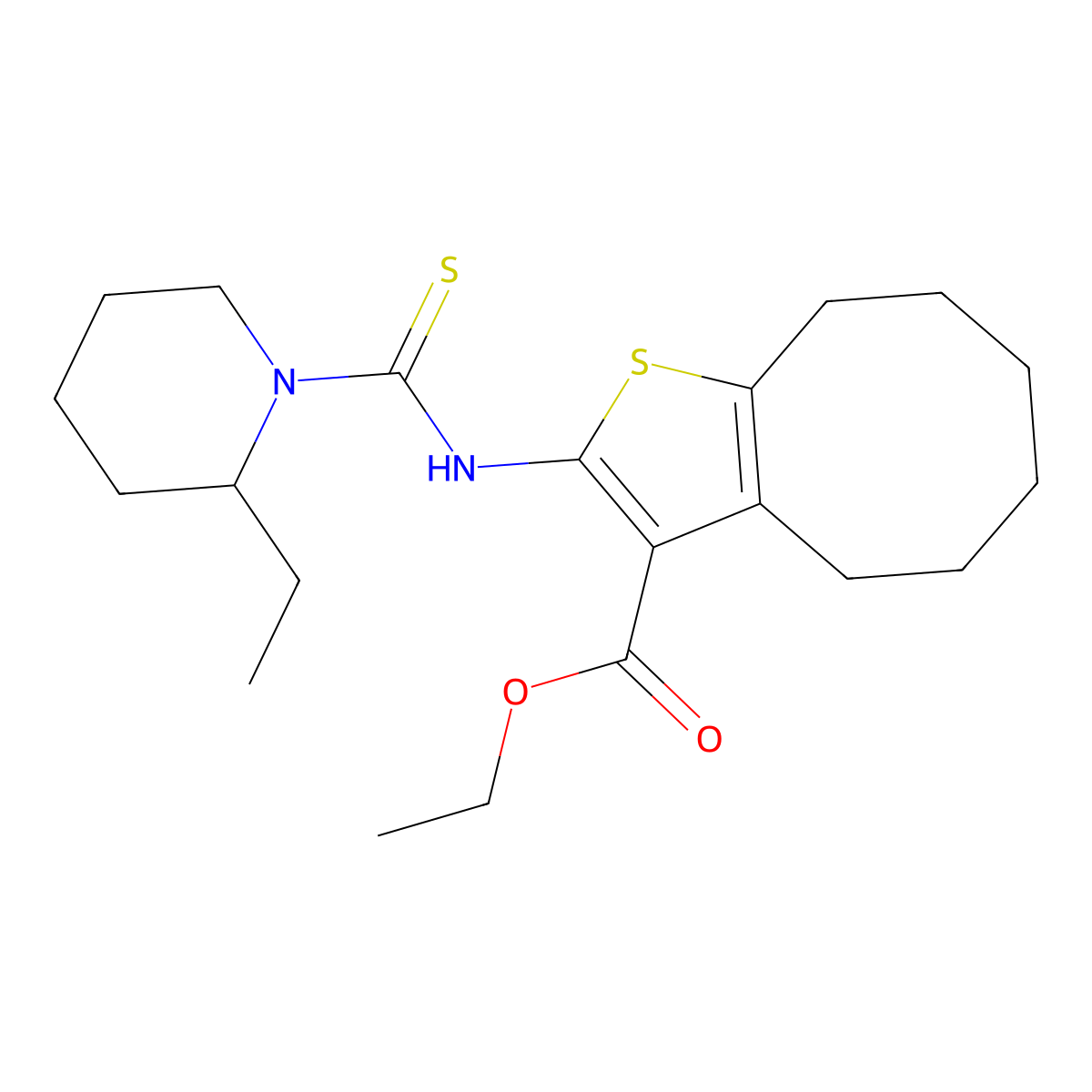Ethyl 2-{[(2-ethylpiperidin-1-yl)carbonothioyl]amino}-4,5,6,7,8,9-hexahydrocycloocta[b]thiophene-3-carboxylate molecular structure, CAS 590354-30-6