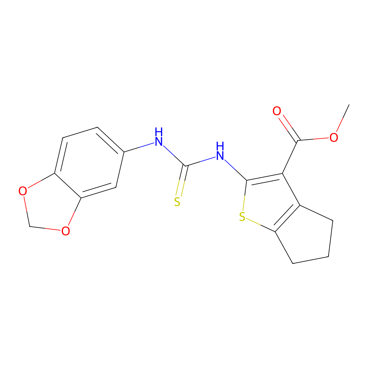methyl 2-[(1,3-benzodioxol-5-ylcarbamothioyl)amino]-5,6-dihydro-4H-cyclopenta[b]thiophene-3-carboxylate molecular structure, CAS 590354-67-9