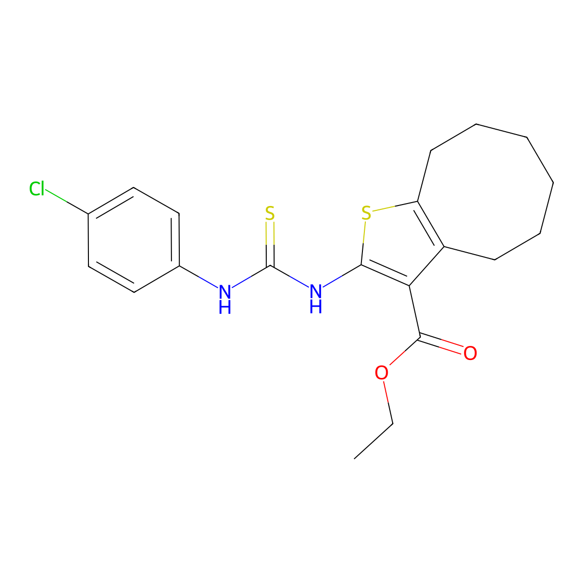 Ethyl 2-{[(4-chlorophenyl)carbamothioyl]amino}-4,5,6,7,8,9-hexahydrocycloocta[b]thiophene-3-carboxylate molecular structure, CAS 590354-71-5
