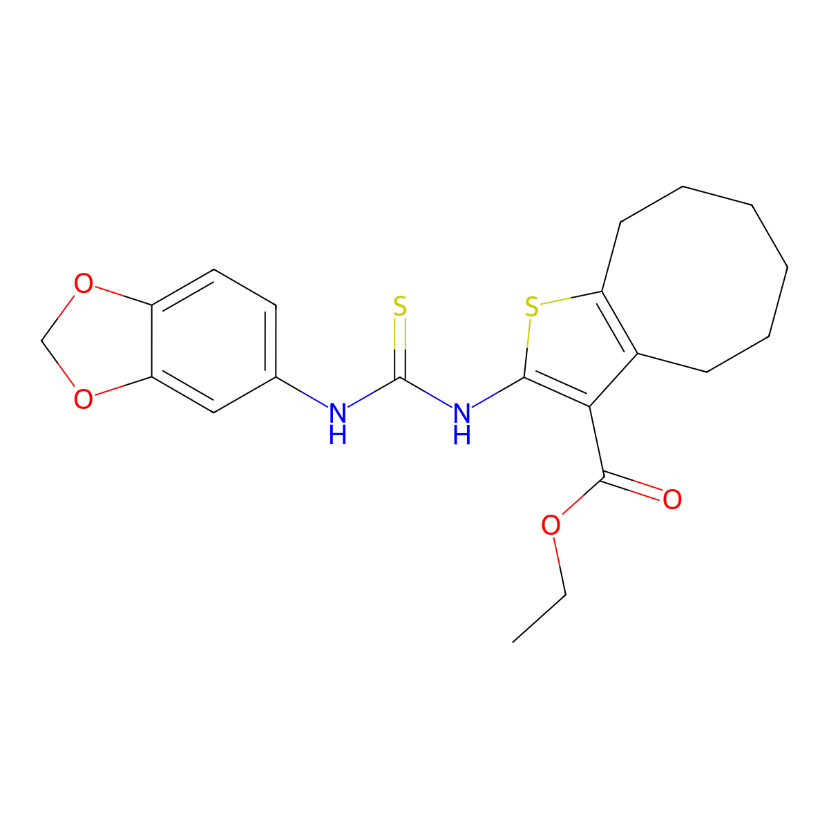 Ethyl 2-[(1,3-benzodioxol-5-ylcarbamothioyl)amino]-4,5,6,7,8,9-hexahydrocycloocta[b]thiophene-3-carboxylate molecular structure, CAS 590354-74-8