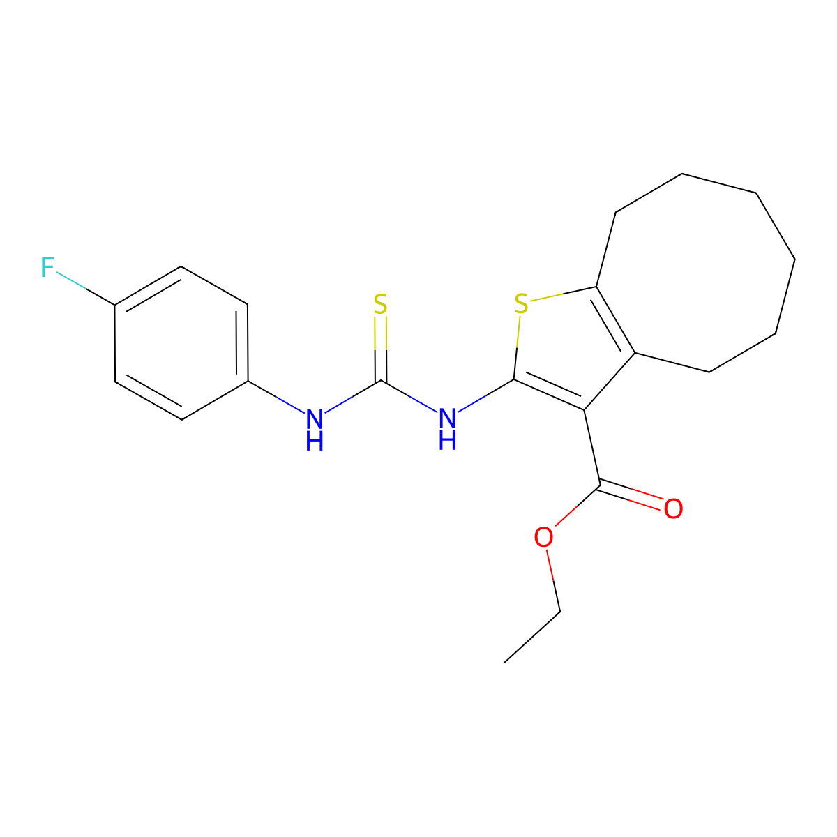 Ethyl 2-{[(4-fluorophenyl)carbamothioyl]amino}-4,5,6,7,8,9-hexahydrocycloocta[b]thiophene-3-carboxylate molecular structure, CAS 590354-76-0