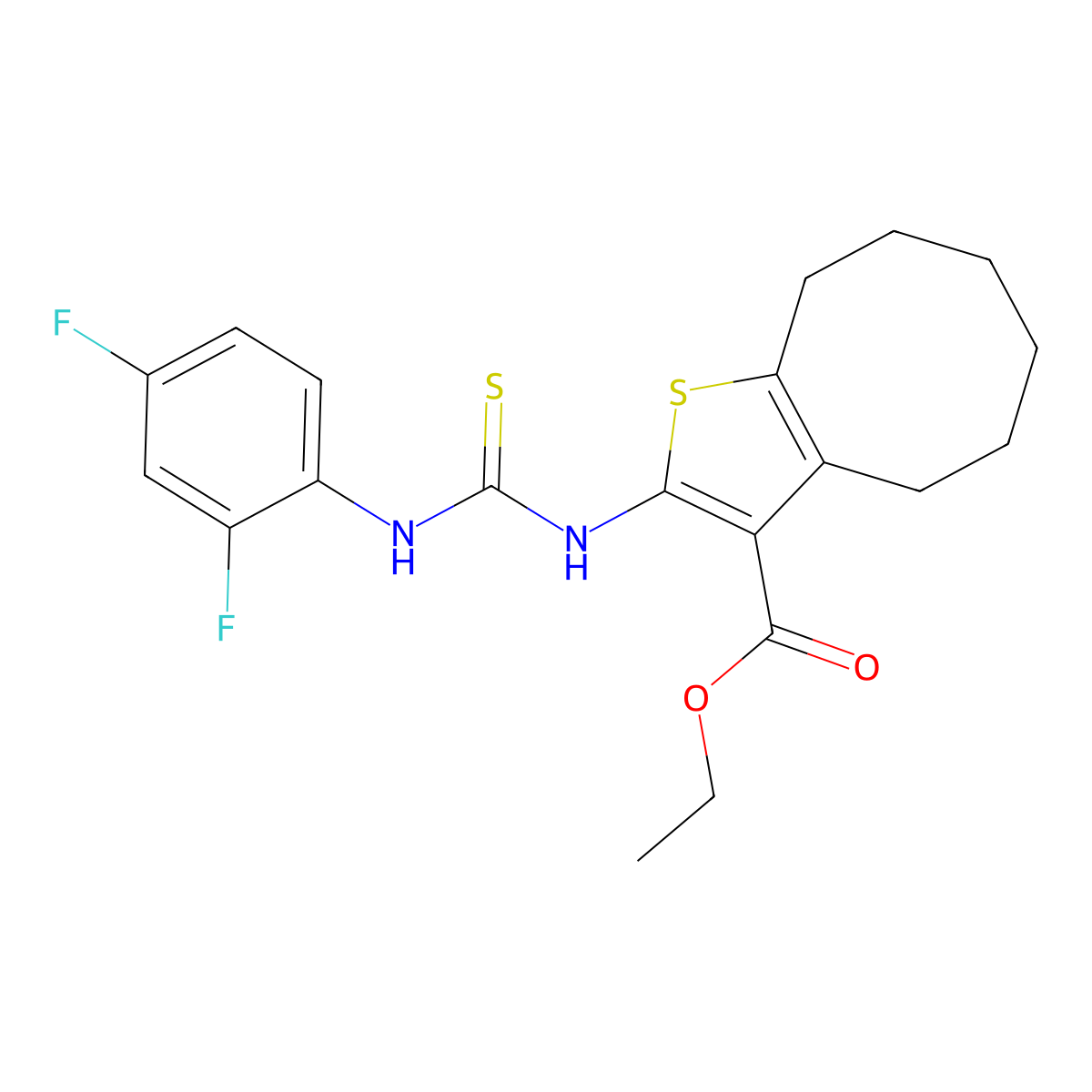 Ethyl 2-{[(2,4-difluorophenyl)carbamothioyl]amino}-4,5,6,7,8,9-hexahydrocycloocta[b]thiophene-3-carboxylate molecular structure, CAS 590354-84-0