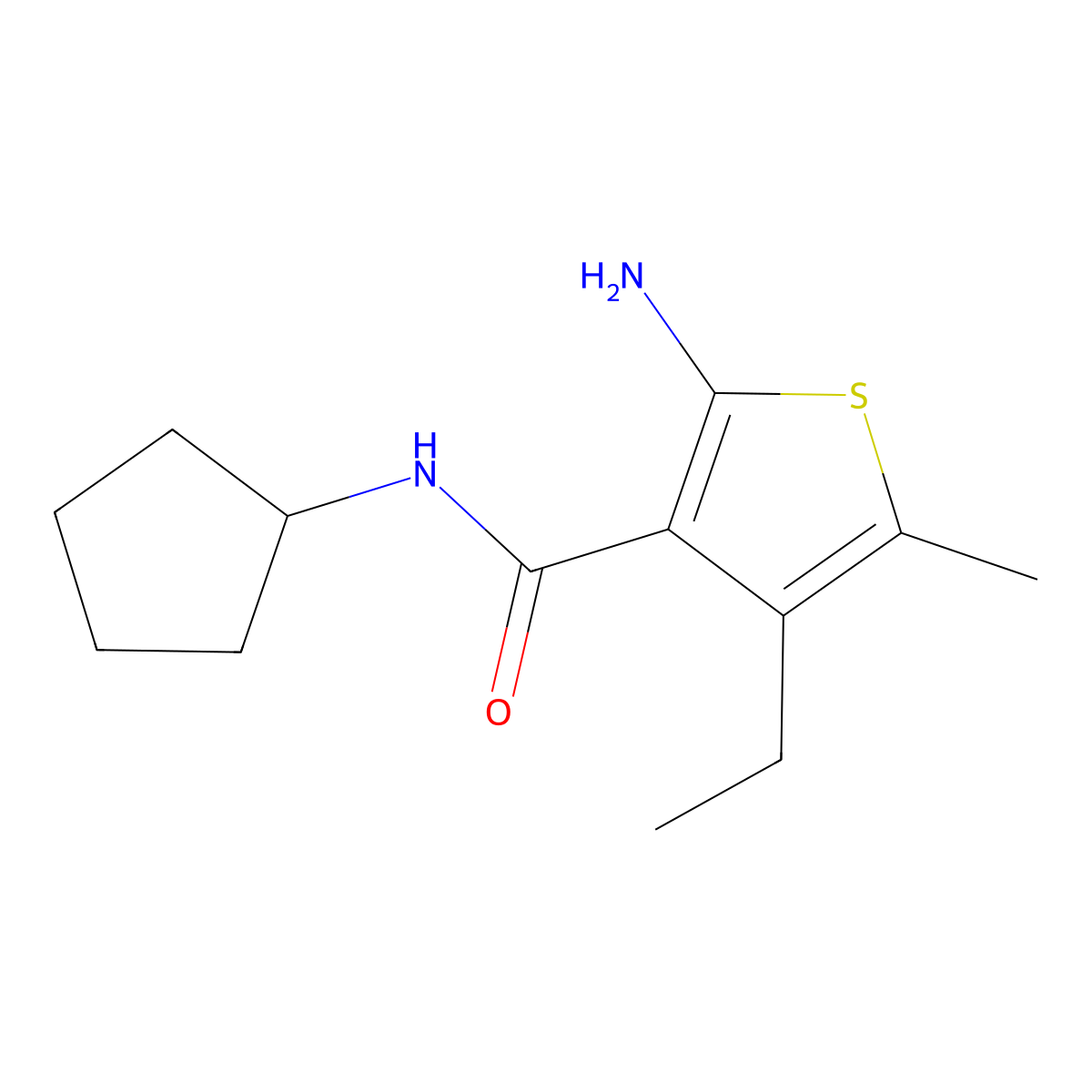 2-amino-N-cyclopentyl-4-ethyl-5-methylthiophene-3-carboxamide molecular structure, CAS 590355-69-4
