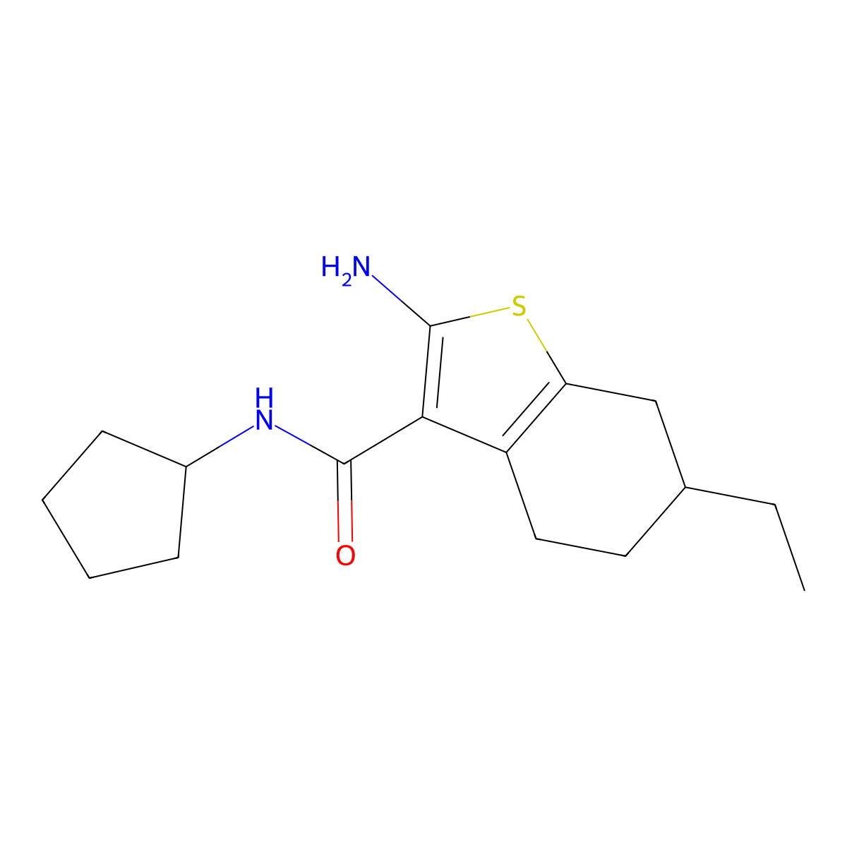 2-amino-N-cyclopentyl-6-ethyl-4,5,6,7-tetrahydro-1-benzothiophene-3-carboxamide molecular structure, CAS 590356-77-7
