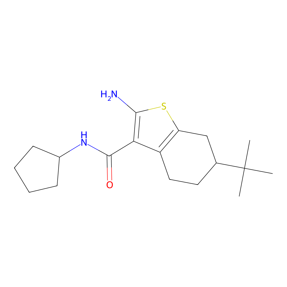2-amino-6-tert-butyl-N-cyclopentyl-4,5,6,7-tetrahydro-1-benzothiophene-3-carboxamide molecular structure, CAS 590356-78-8