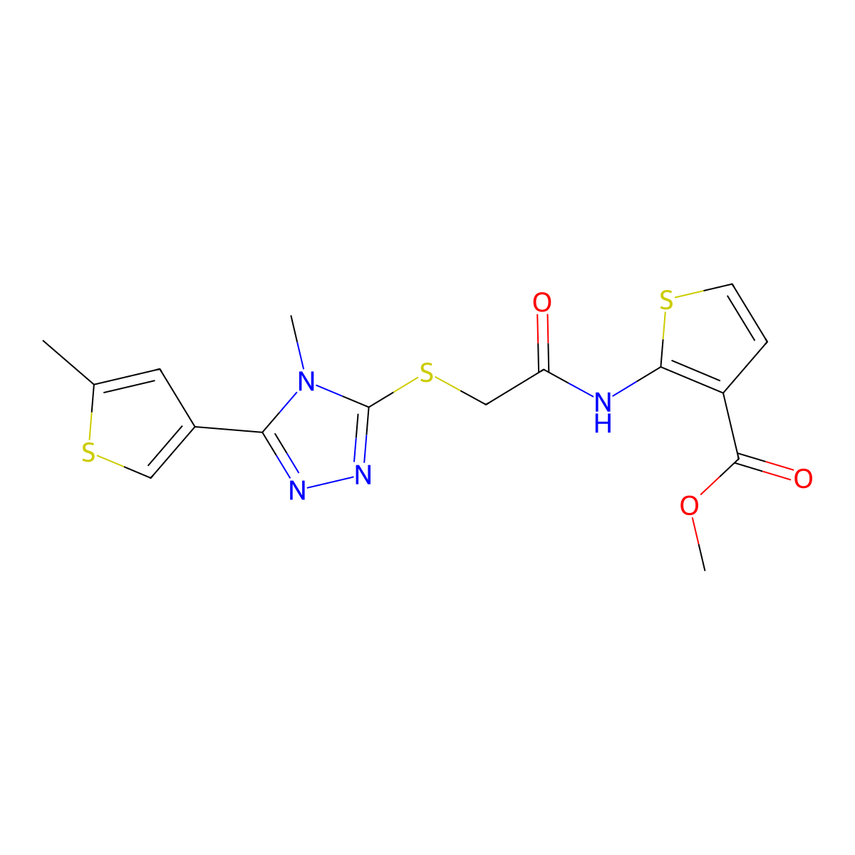 methyl 2-[({[4-methyl-5-(5-methylthiophen-3-yl)-4H-1,2,4-triazol-3-yl]sulfanyl}acetyl)amino]thiophene-3-carboxylate molecular structure, CAS 590356-96-0