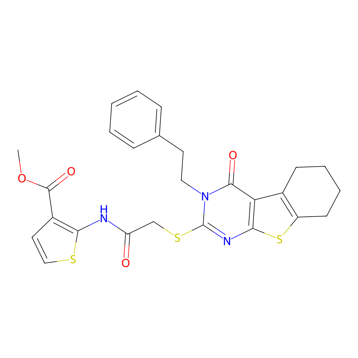 Methyl 2-[({[4-oxo-3-(2-phenylethyl)-3,4,5,6,7,8-hexahydro[1]benzothieno[2,3-d]pyrimidin-2-yl]sulfanyl}acetyl)amino]thiophene-3-carboxylate molecular structure, CAS 590356-97-1