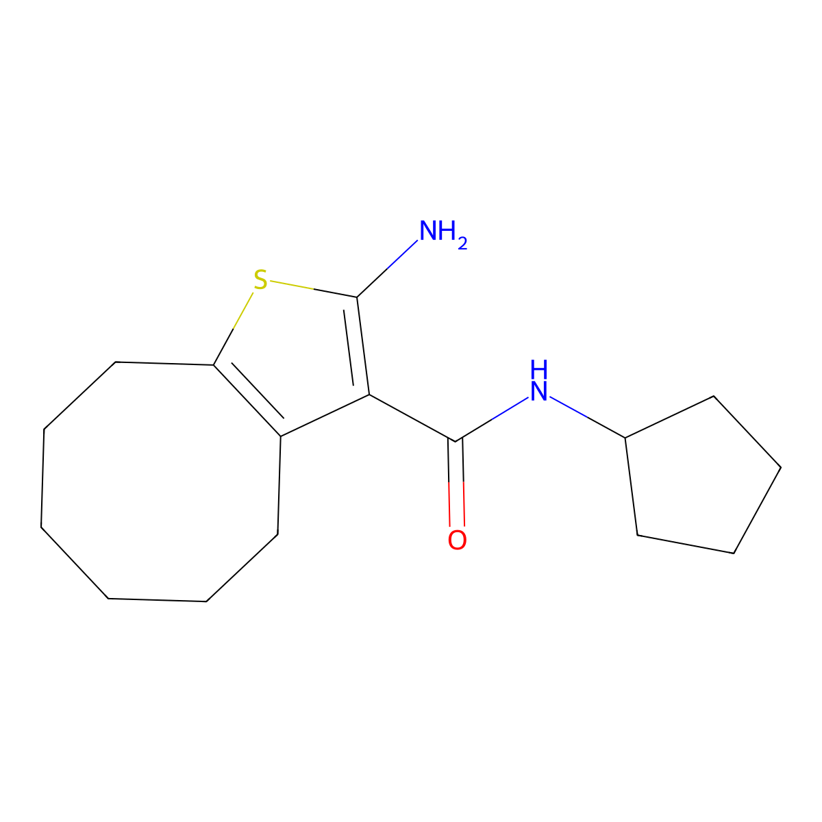 2-amino-N-cyclopentyl-4,5,6,7,8,9-hexahydrocycloocta[b]thiophene-3-carboxamide molecular structure, CAS 590357-08-7